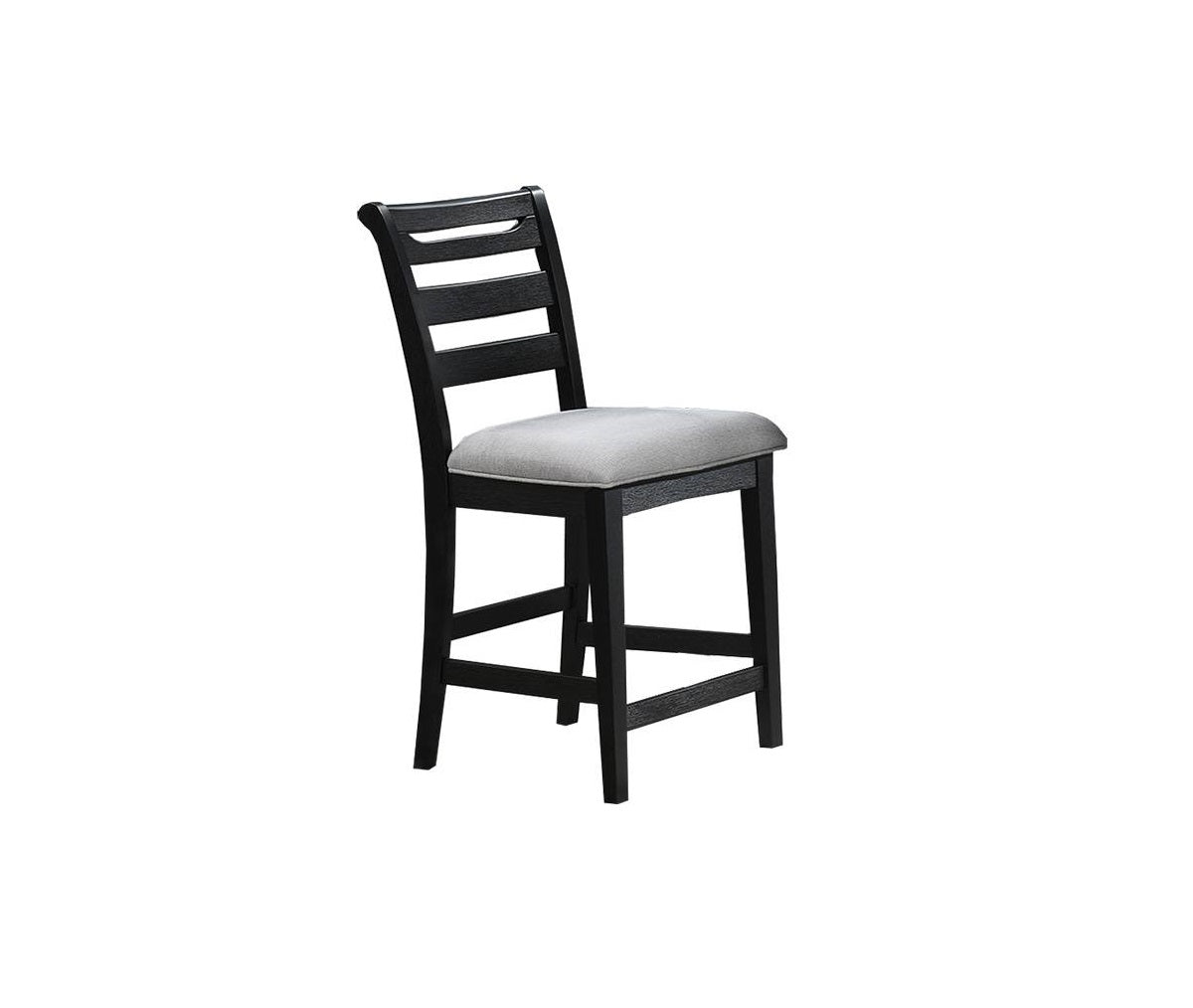 Black wooden counter stool with a padded gray seat and slatted back
