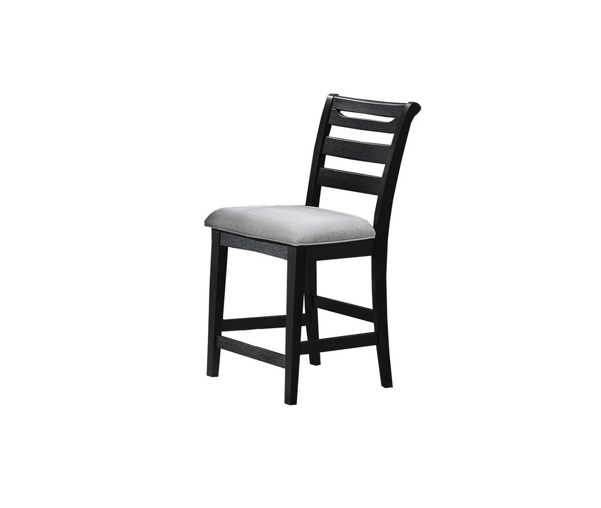 Black wooden counter stool with grey upholstered seat and slatted backrest