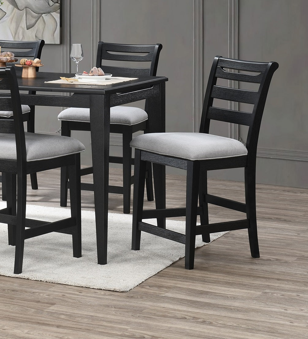 Black wood counter stool with upholstered light grey seat and slatted back