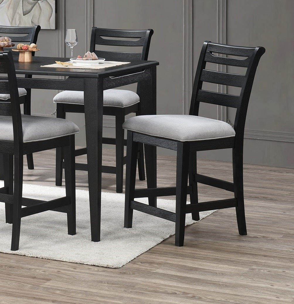 Black wood counter stool with light gray upholstered seat and slatted backrest