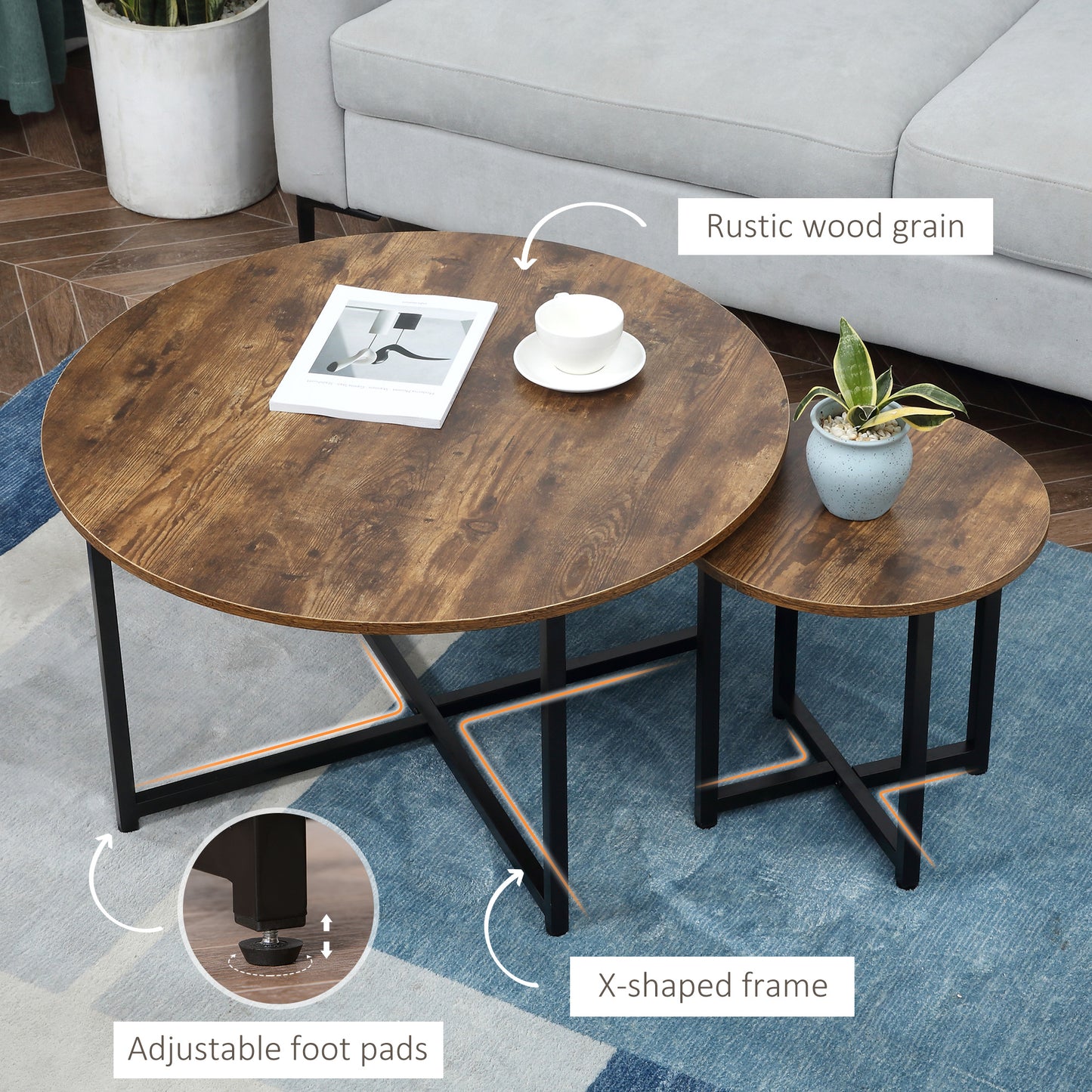 Round nesting coffee table with rustic wood grain finish and black Xshaped frame