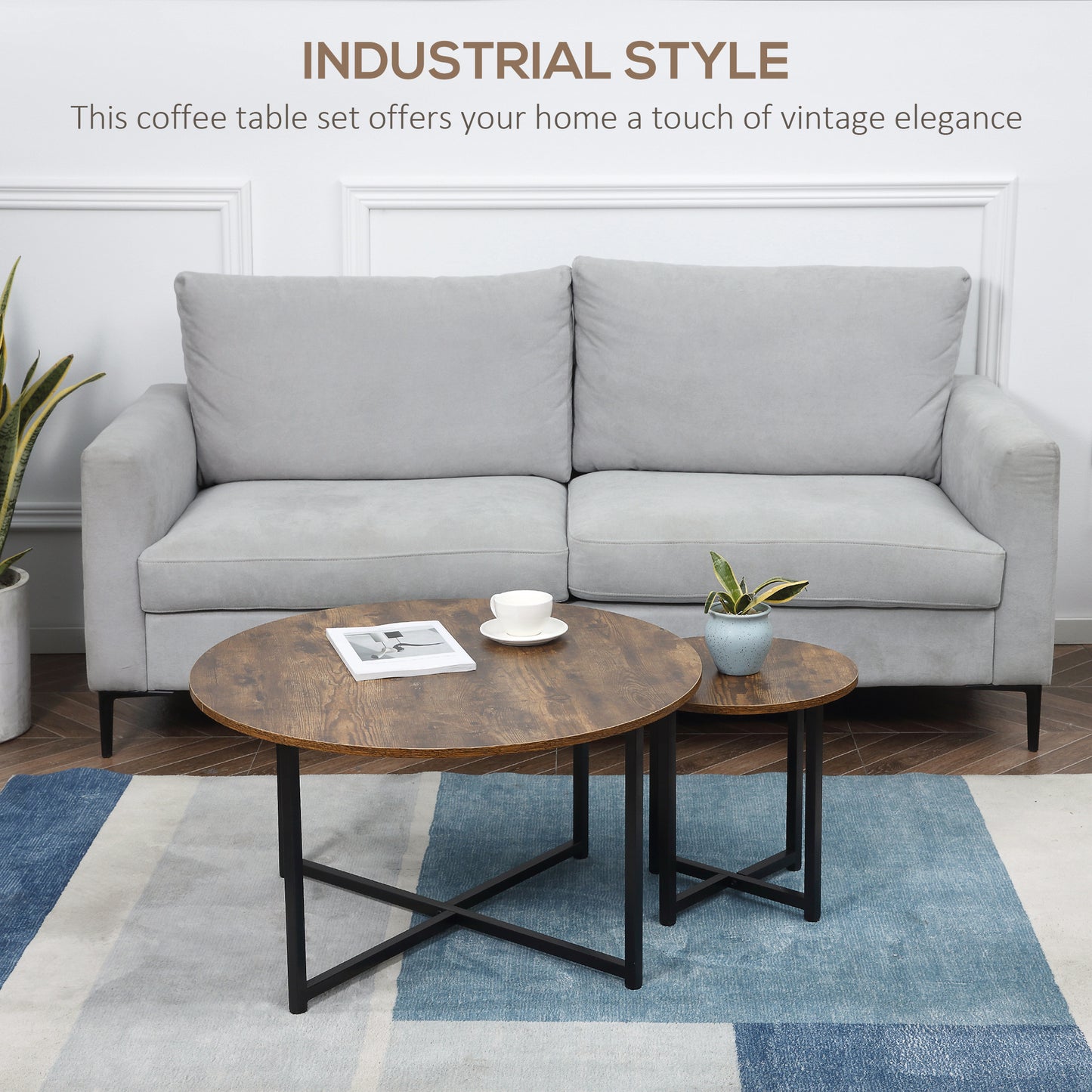 Round industrial coffee table set with rustic wood tops and black metal legs