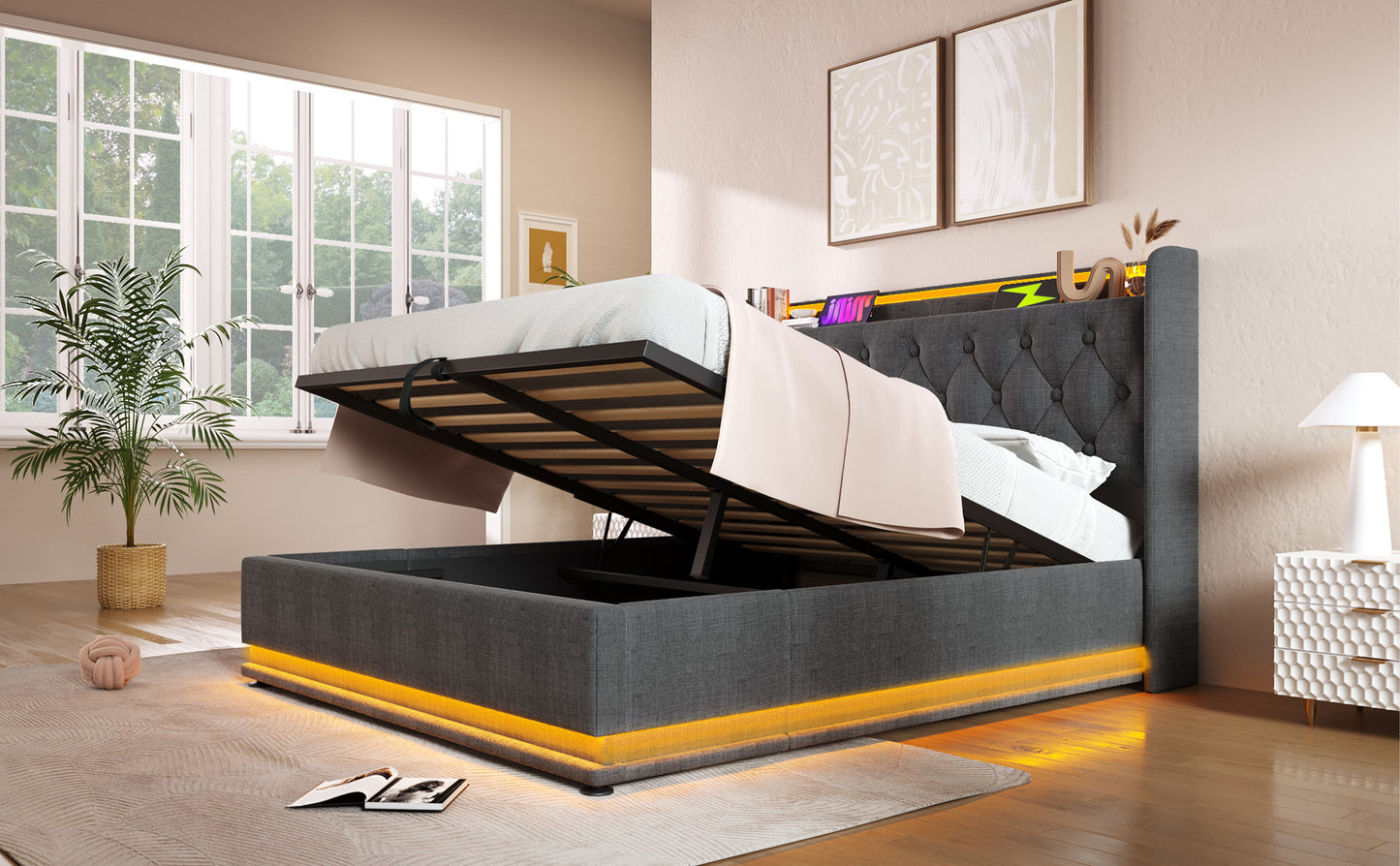 Grey fabric storage bed frame with tufted headboard and LED lighting