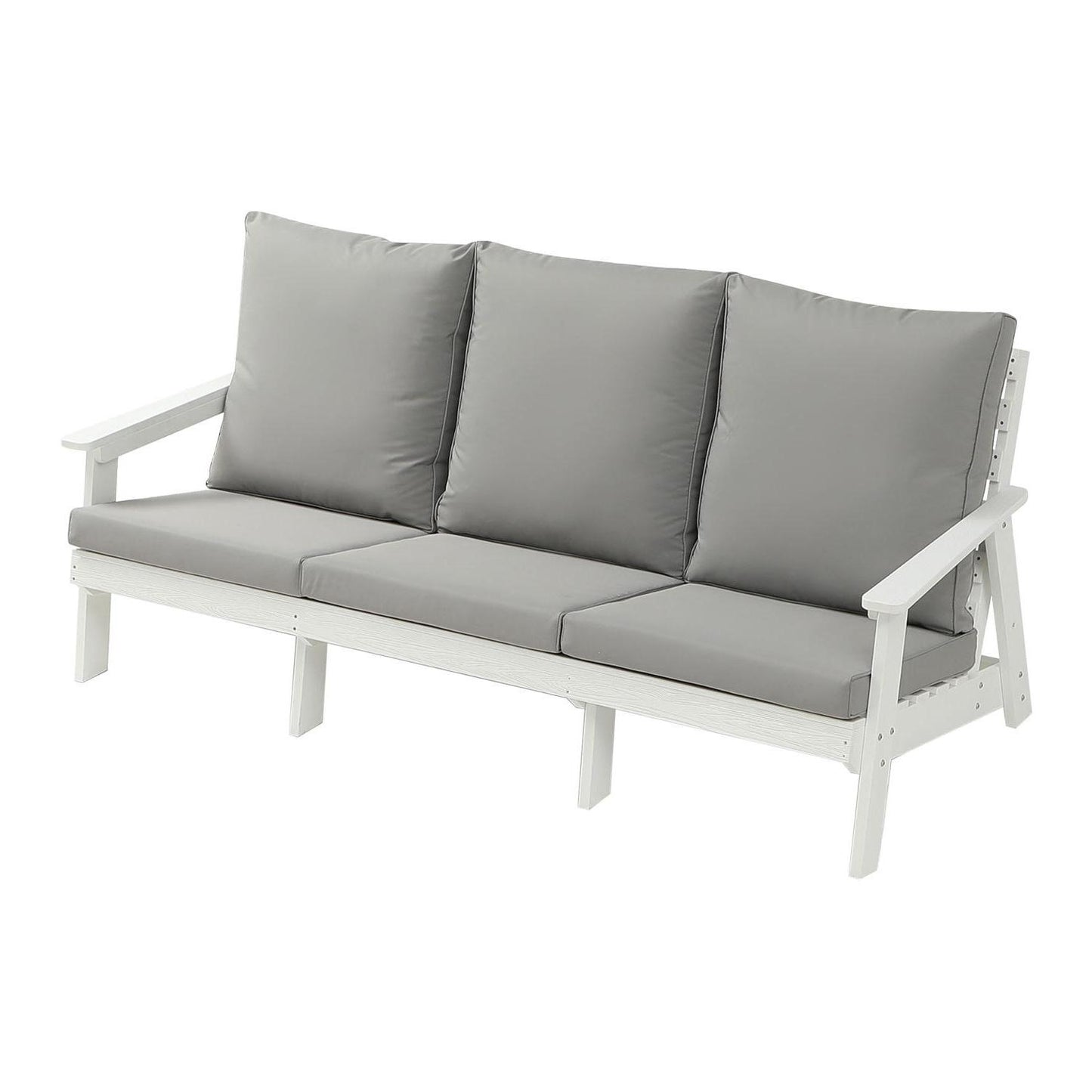 White Adirondack loveseat with grey cushions for outdoor relaxation