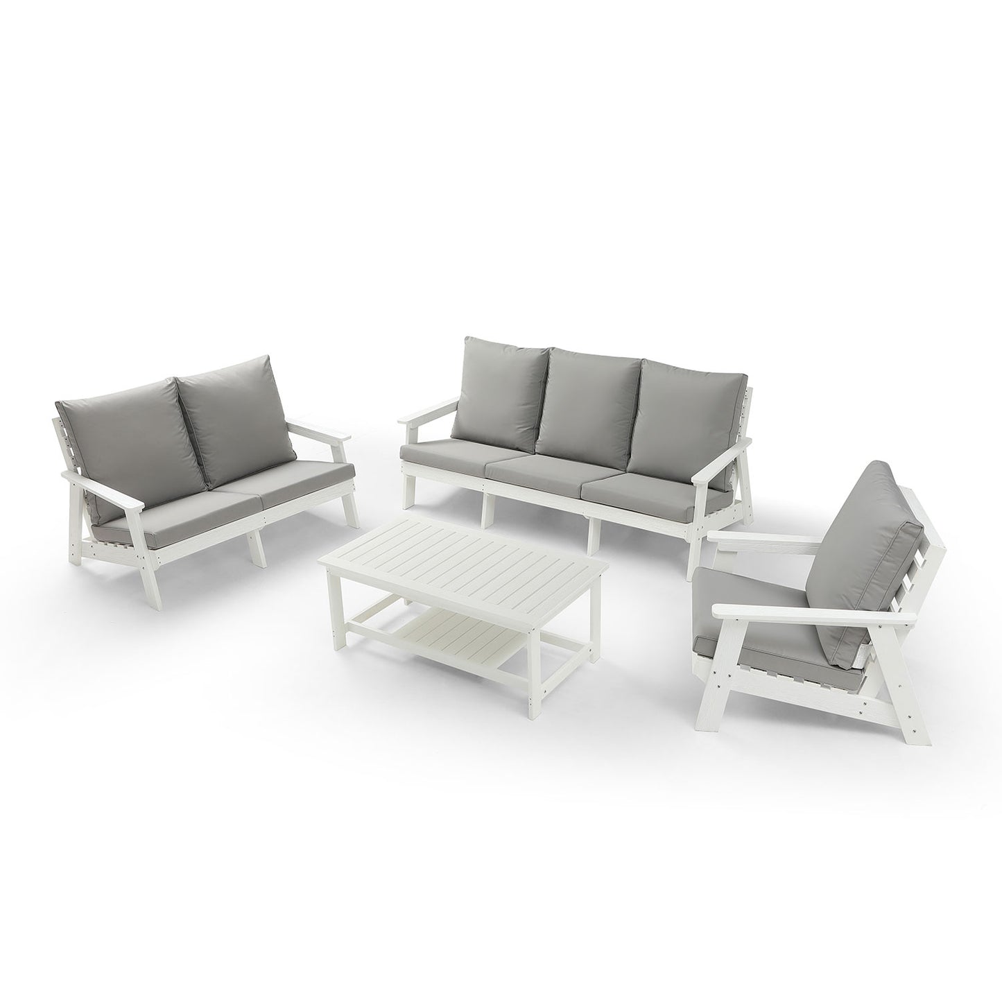 White outdoor patio furniture set with grey cushions