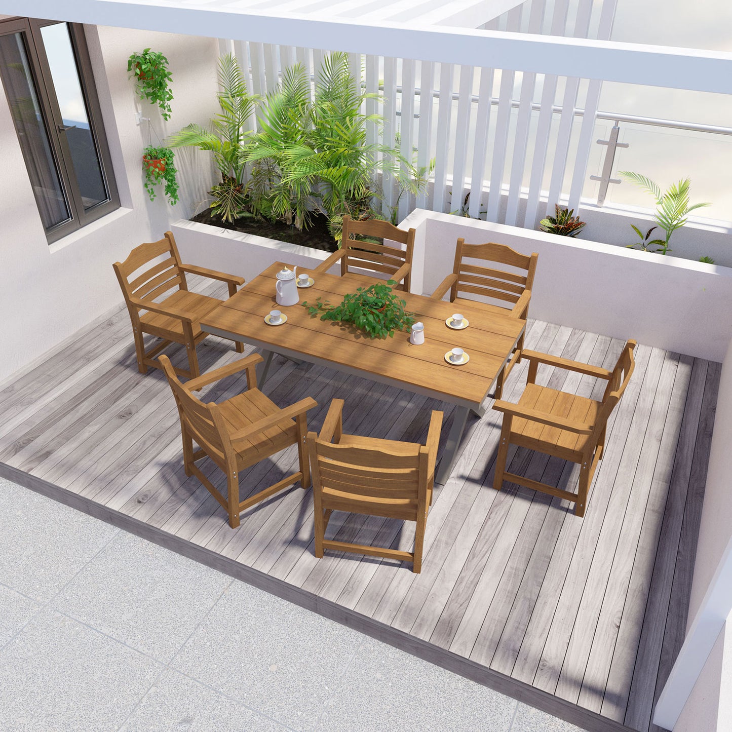 Wooden patio dining set with six chairs and a table perfect for outdoor entertaining