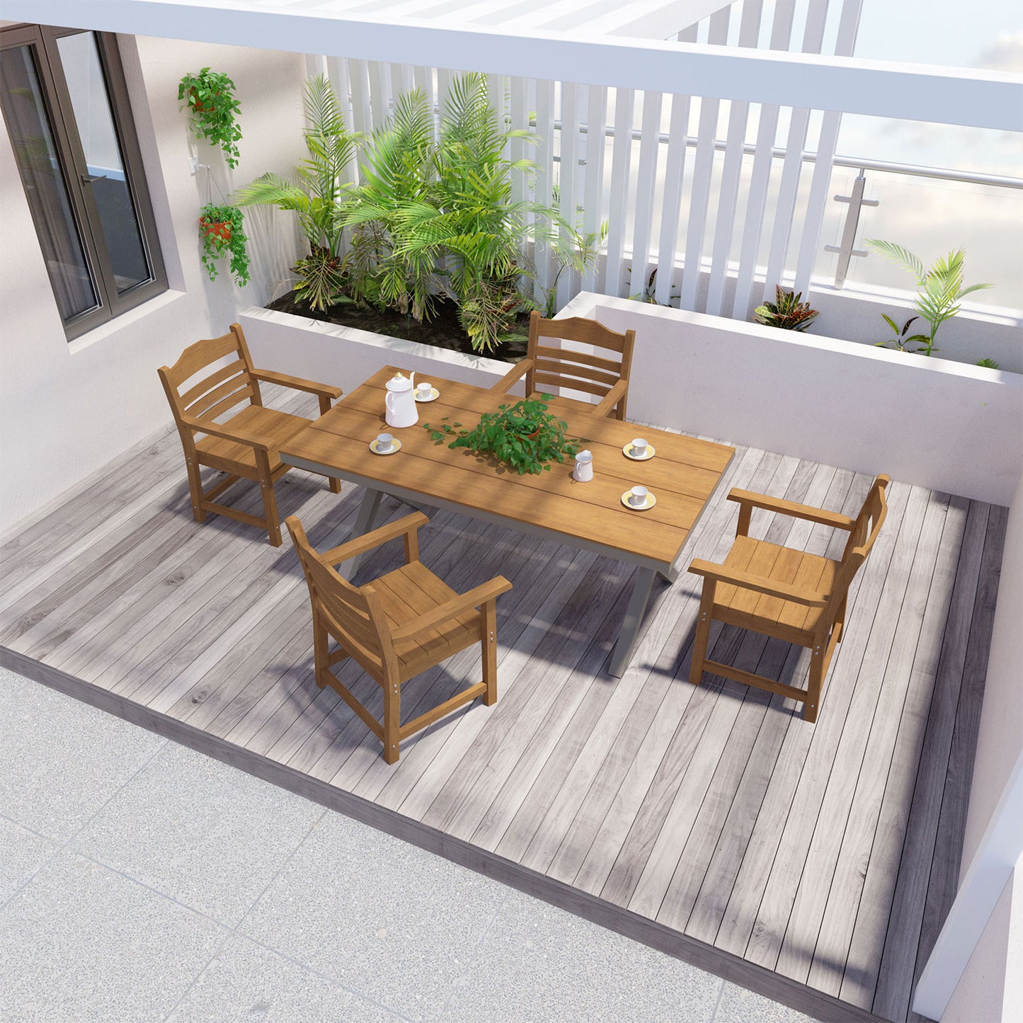 Wooden patio dining set with four chairs and a rectangular table featuring a modern slatted design