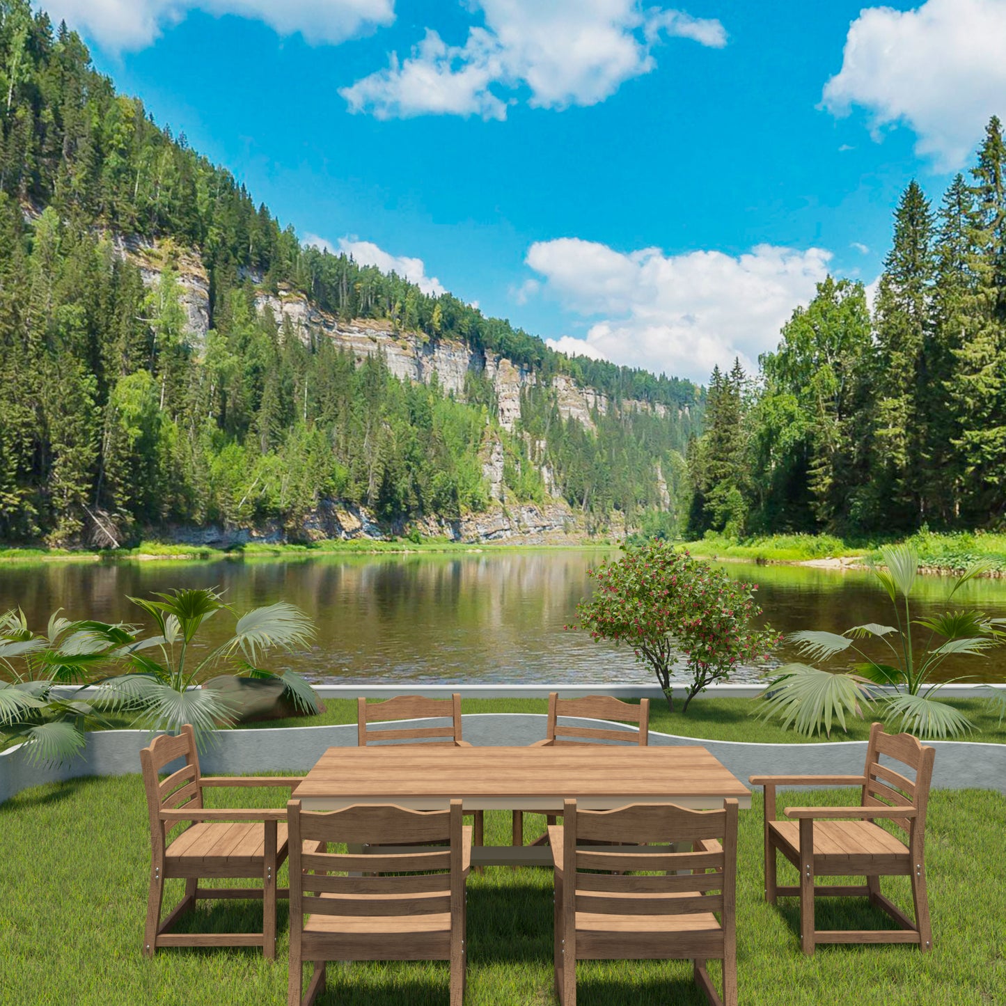Wooden dining set with four chairs and a rectangular table perfect for outdoor patios