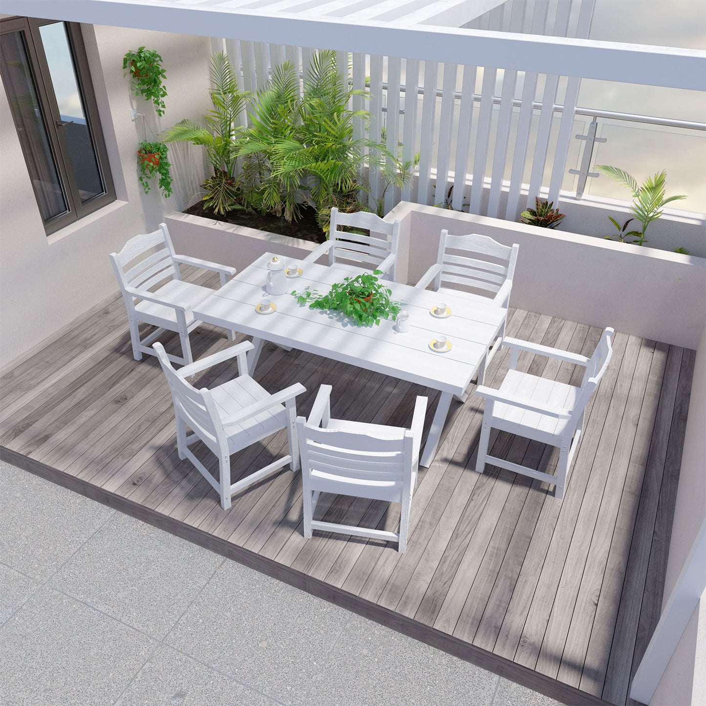 Classic white wooden patio dining set with six chairs and a table ideal for outdoor gatherings