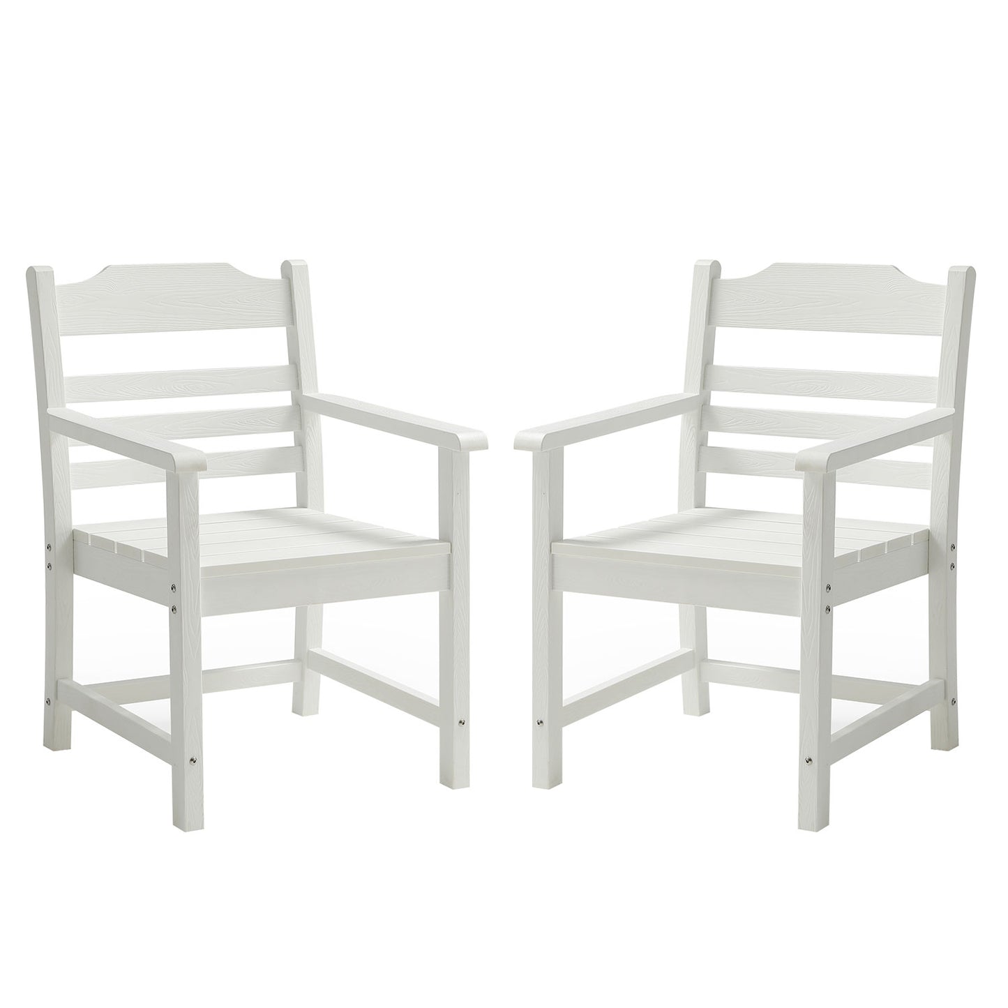 Two white wooden Adirondack chairs with slatted seats and backs