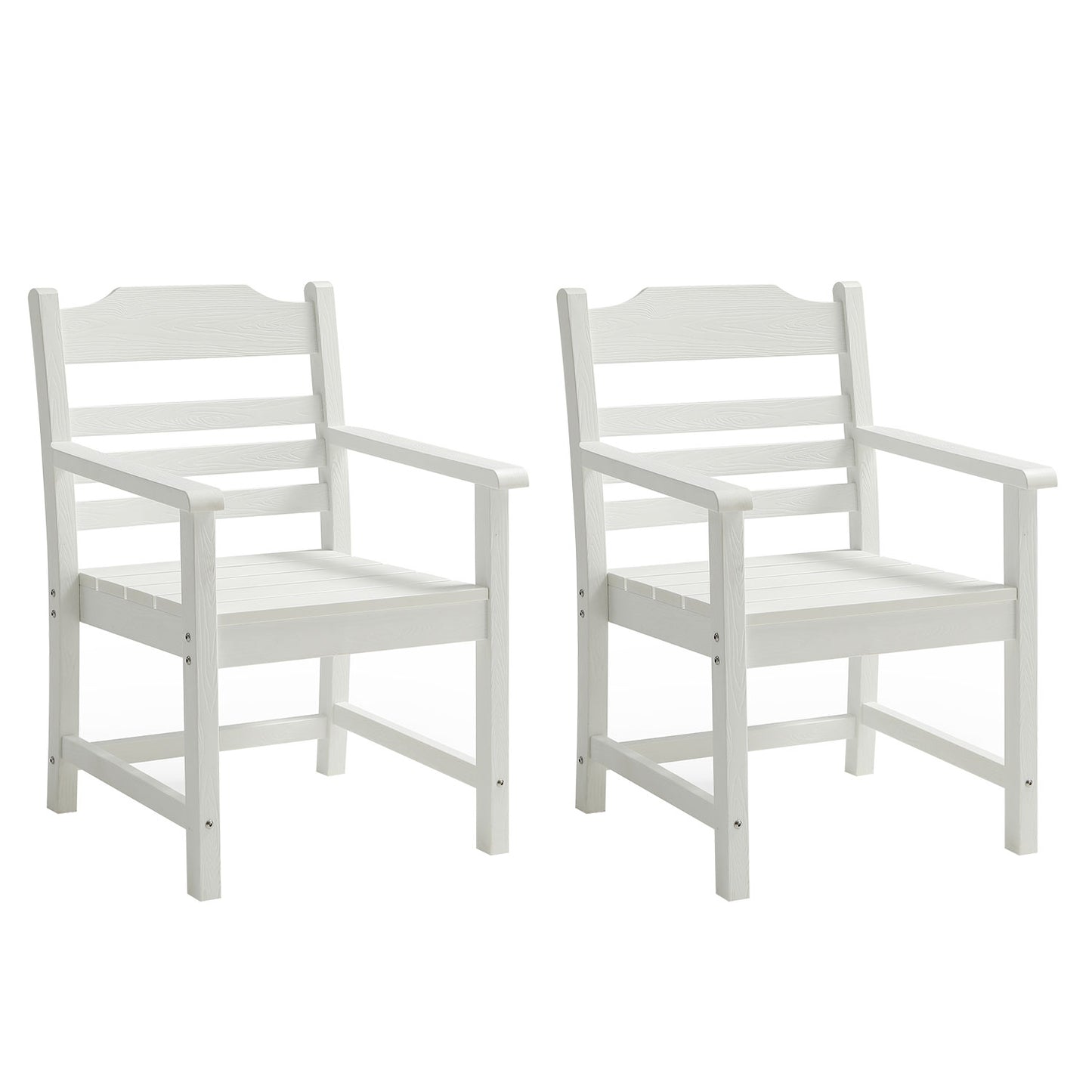 Two white wooden outdoor armchairs with slatted seats and backs