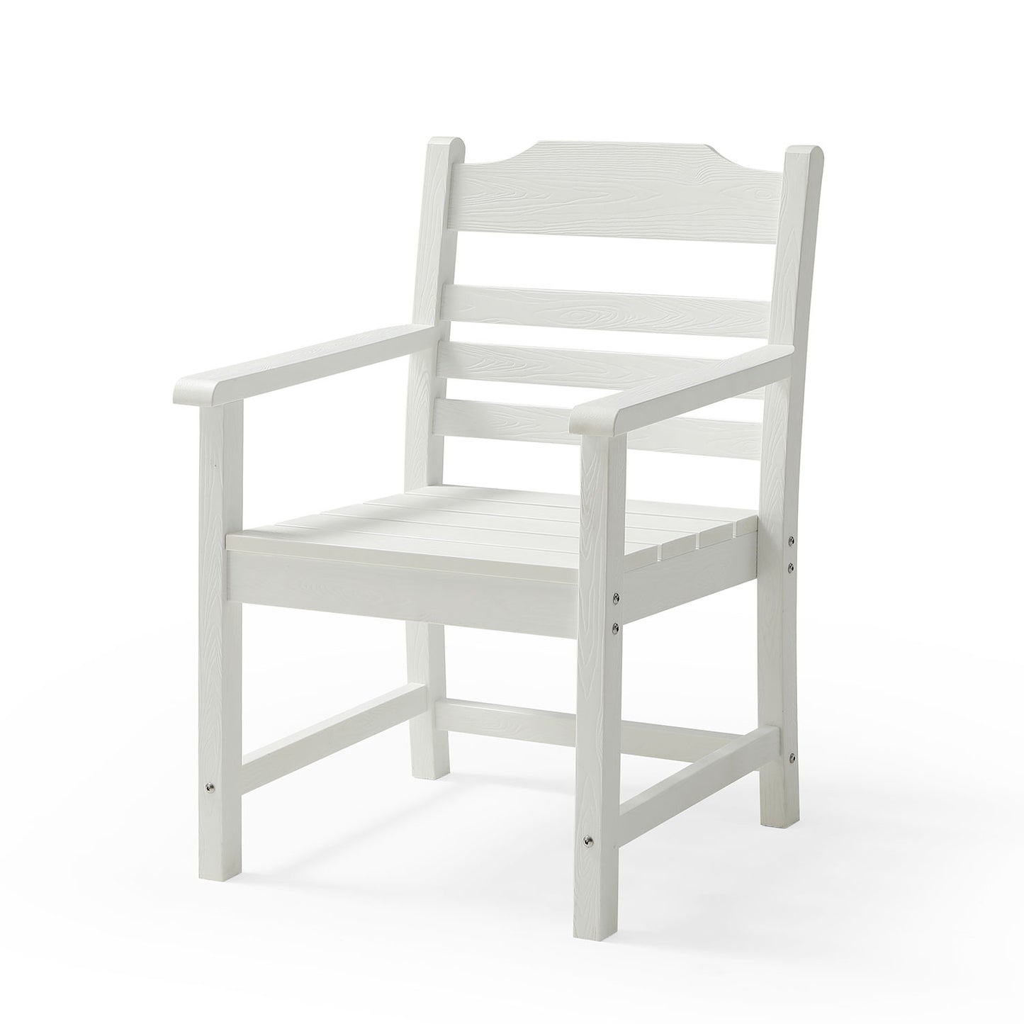 White wooden armchair with slatted seat and back perfect for patio seating