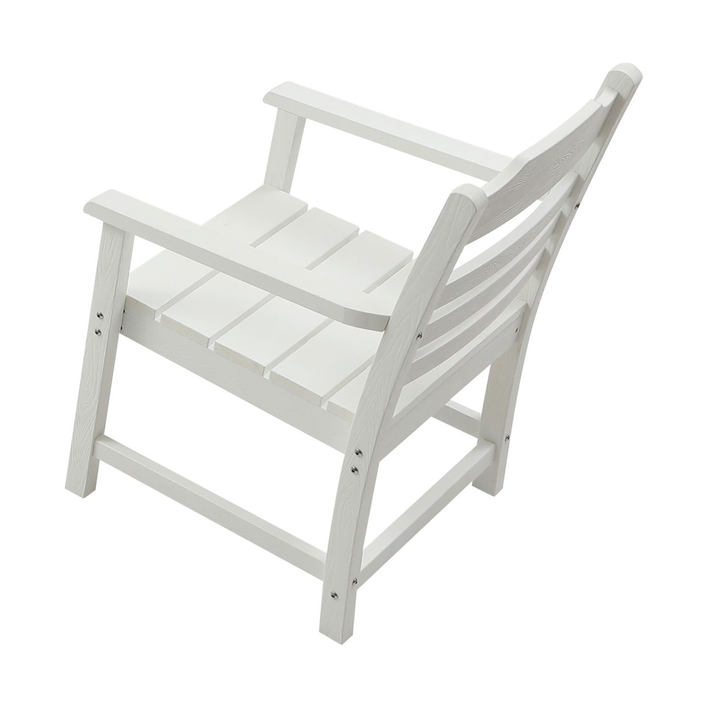 White wooden Adirondack chair with slatted seat and back