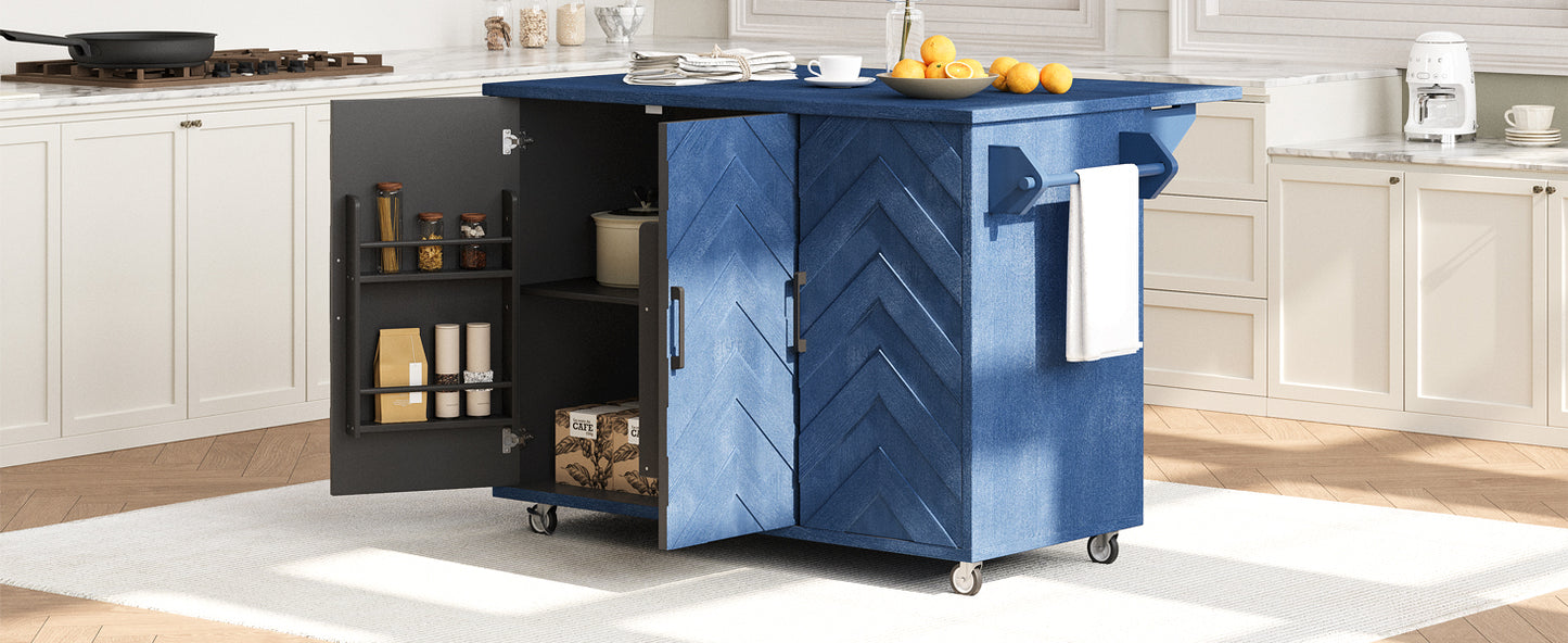 Blue chevron kitchen island with open doors showing storage shelves and items
