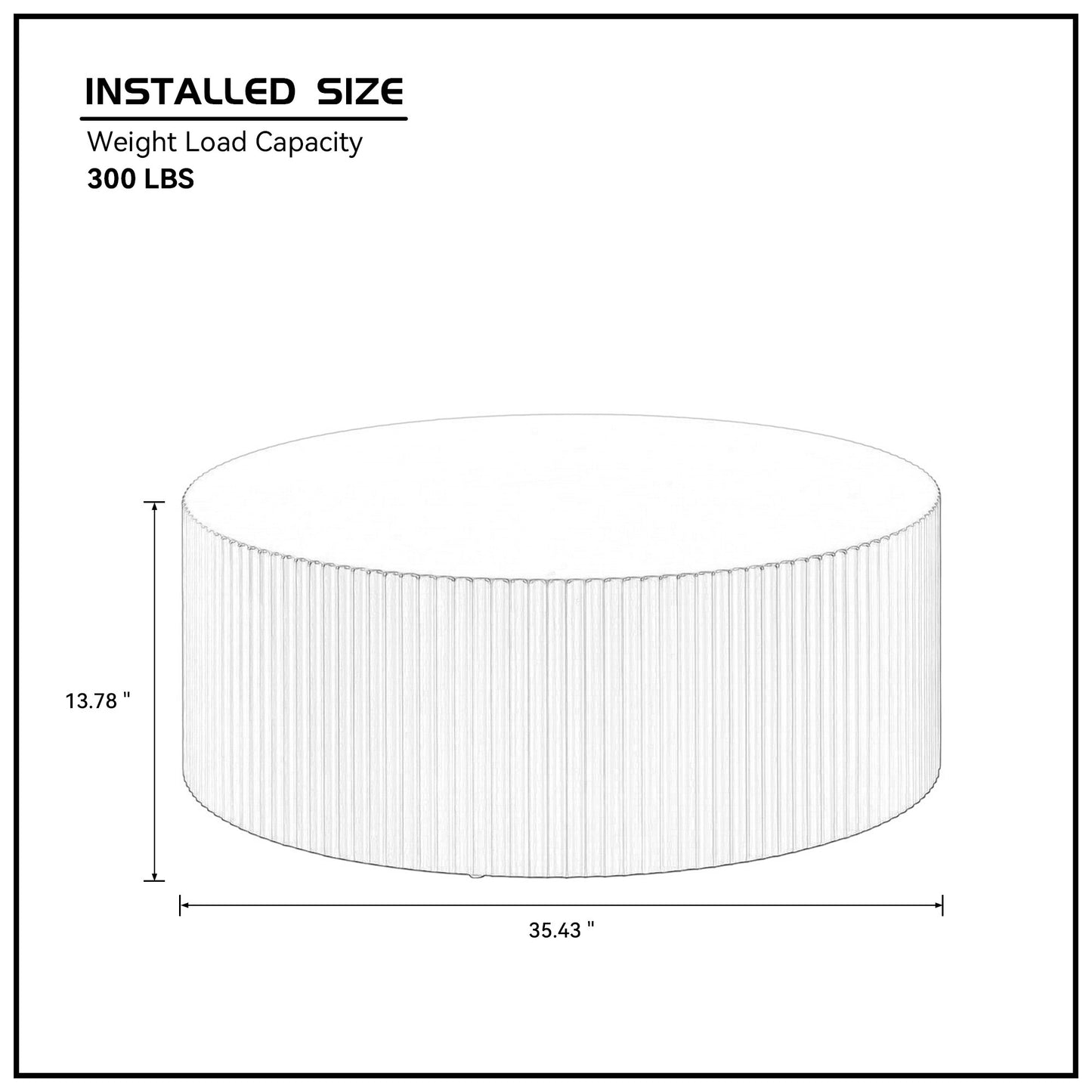 Diagram of a ribbed drum coffee table diameter and height