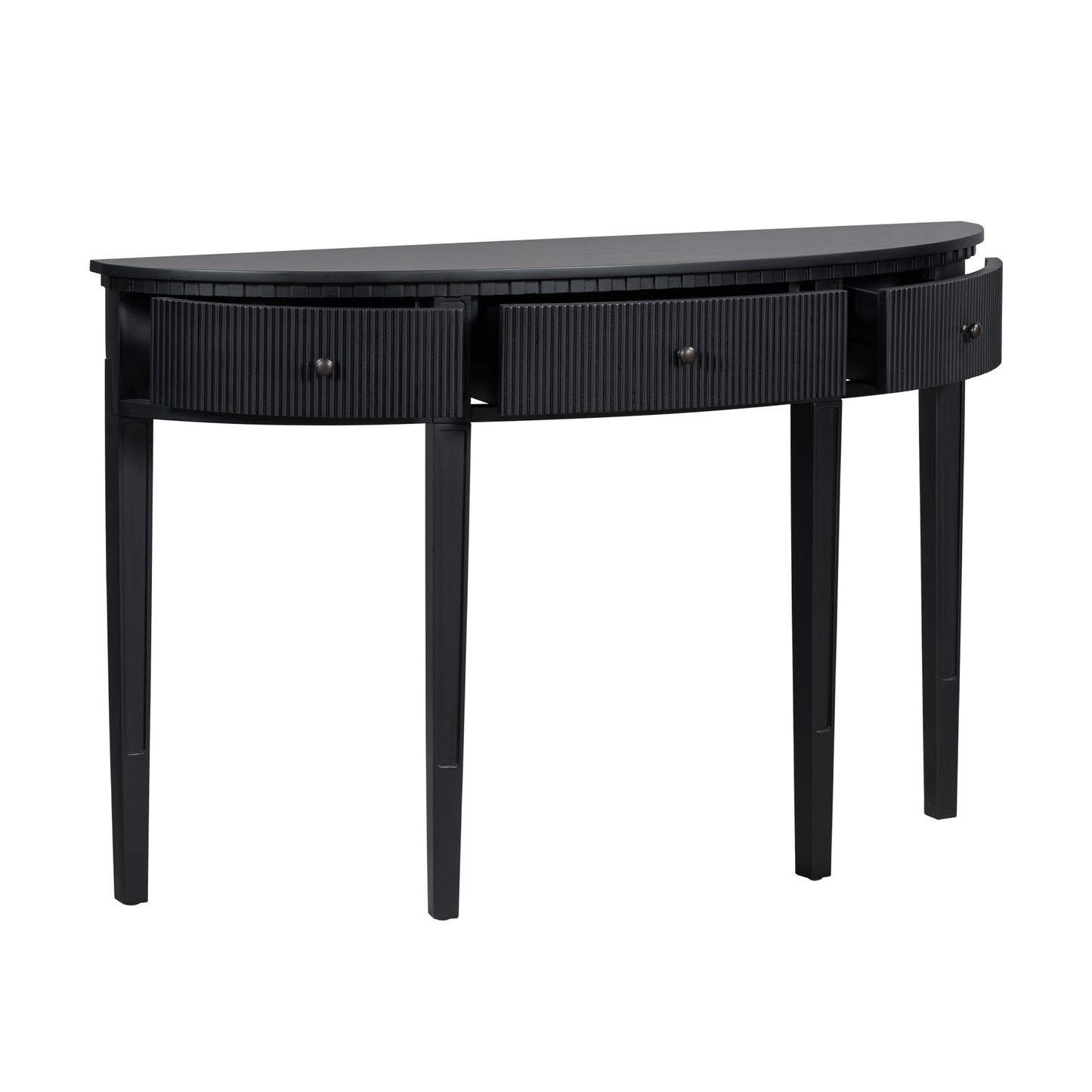Black console table with three fluted drawers and tapered legs ideal for entryways