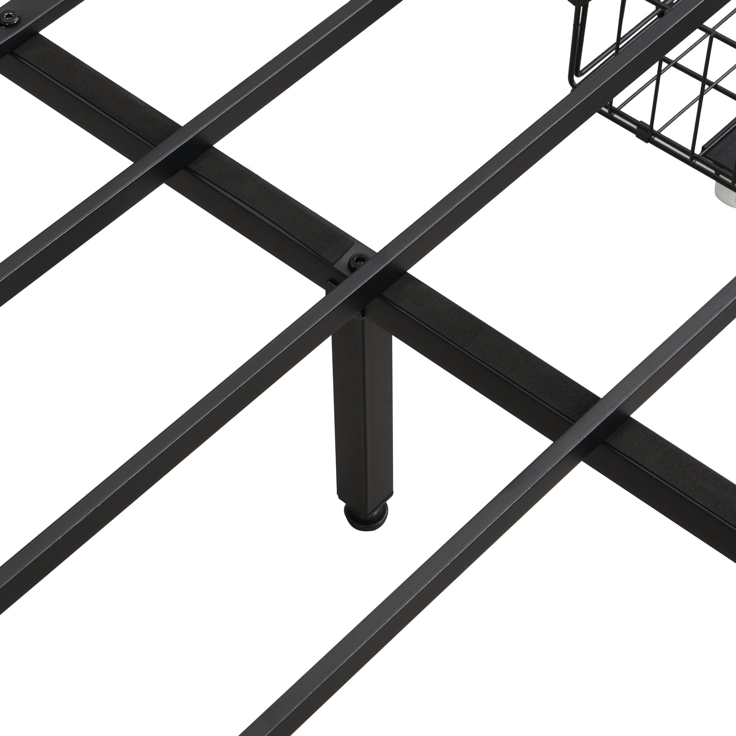 Closeup of a sturdy black metal bed frame with supporting crossbars and a single leg