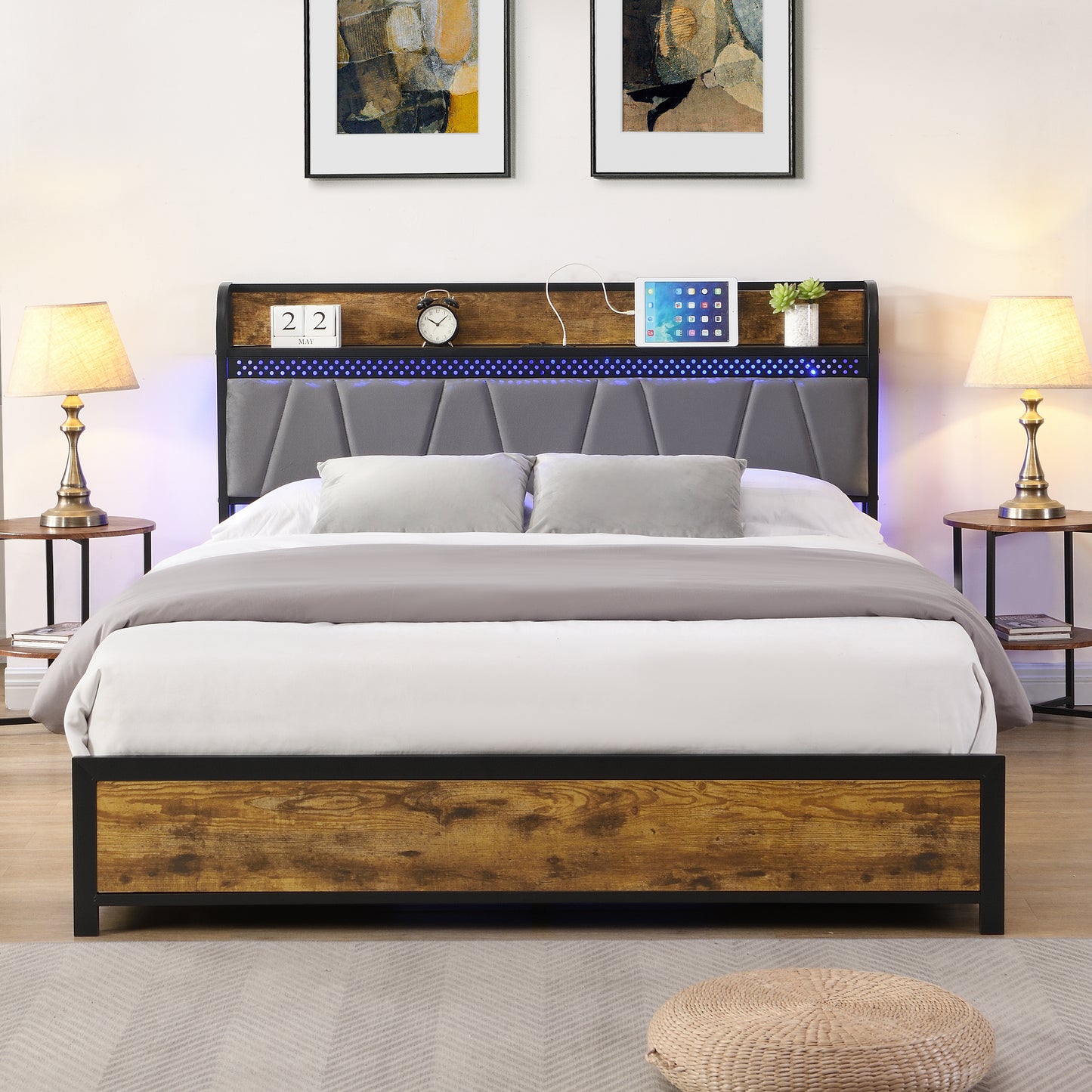 Rustic wood and metal king bed frame with upholstered headboard and LED lights