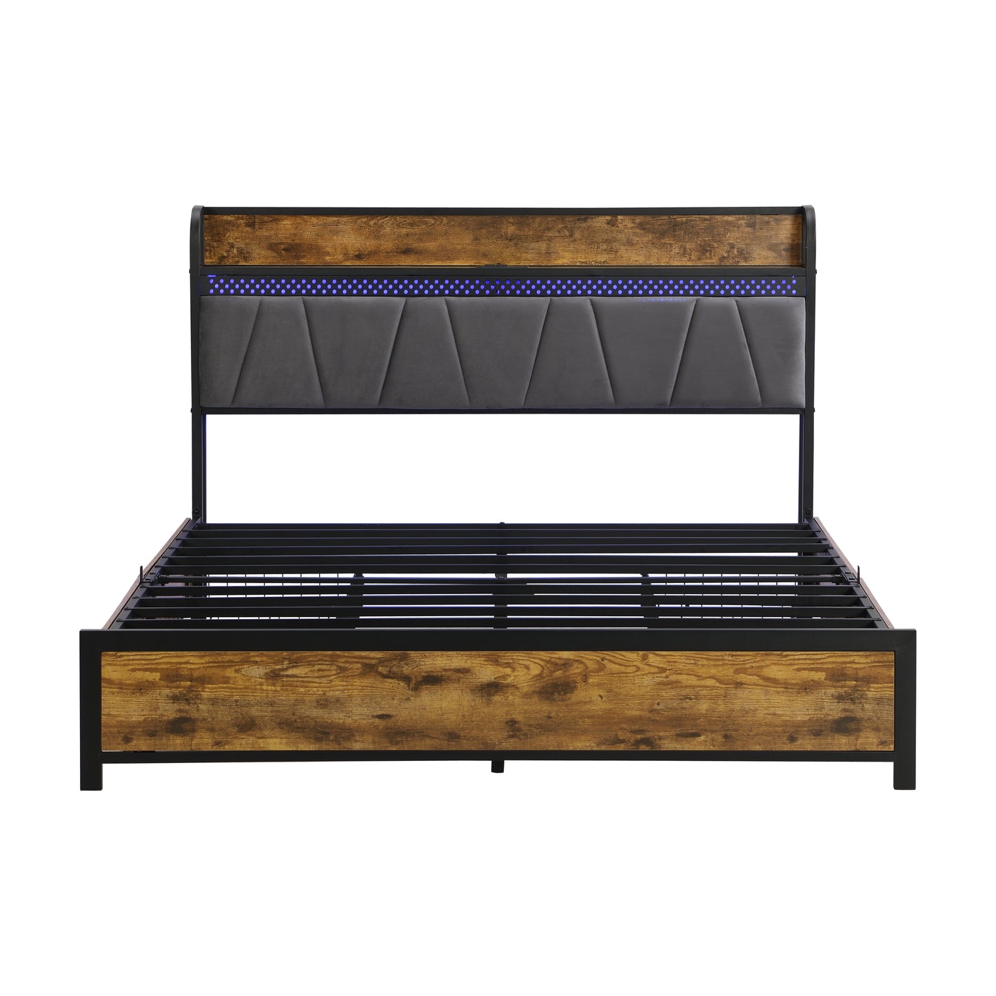 Rustic wood and metal bed frame with upholstered gray headboard and blue LED lights