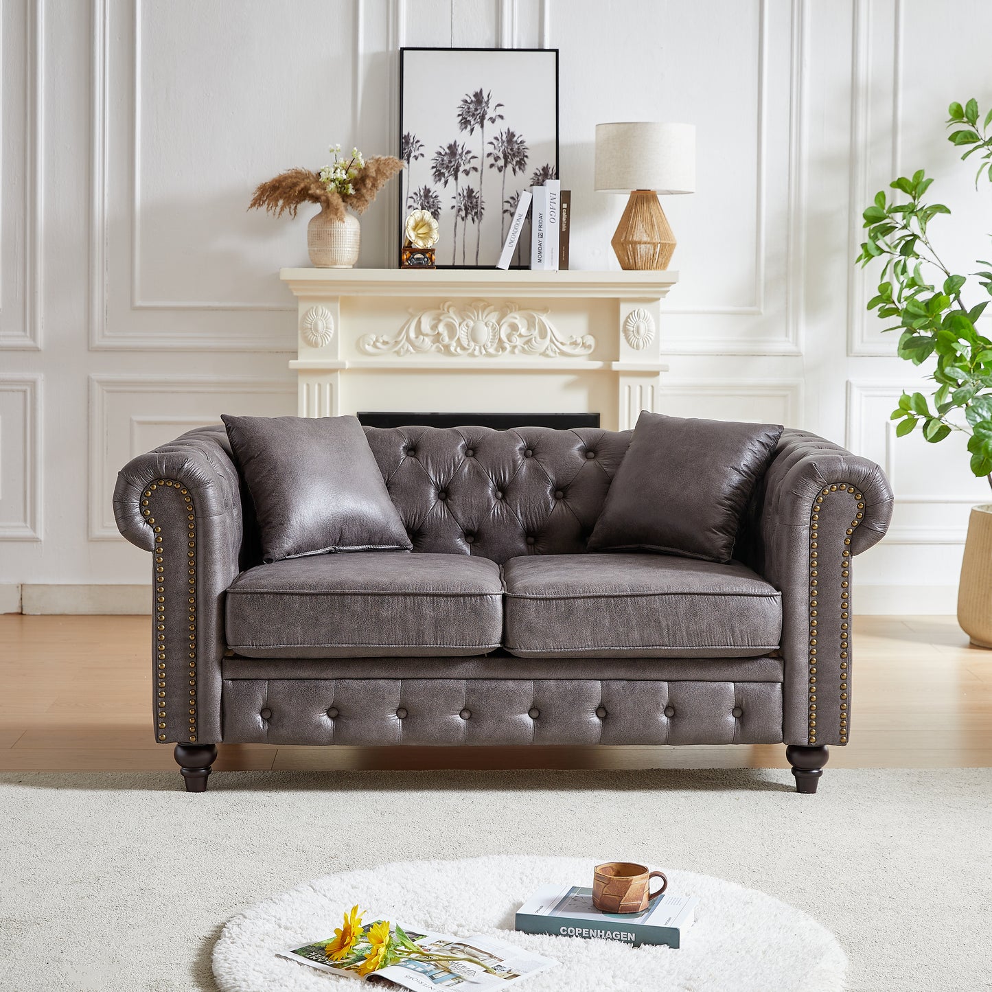 Gray tufted leather chesterfield sofa with nailhead trim seater for living room