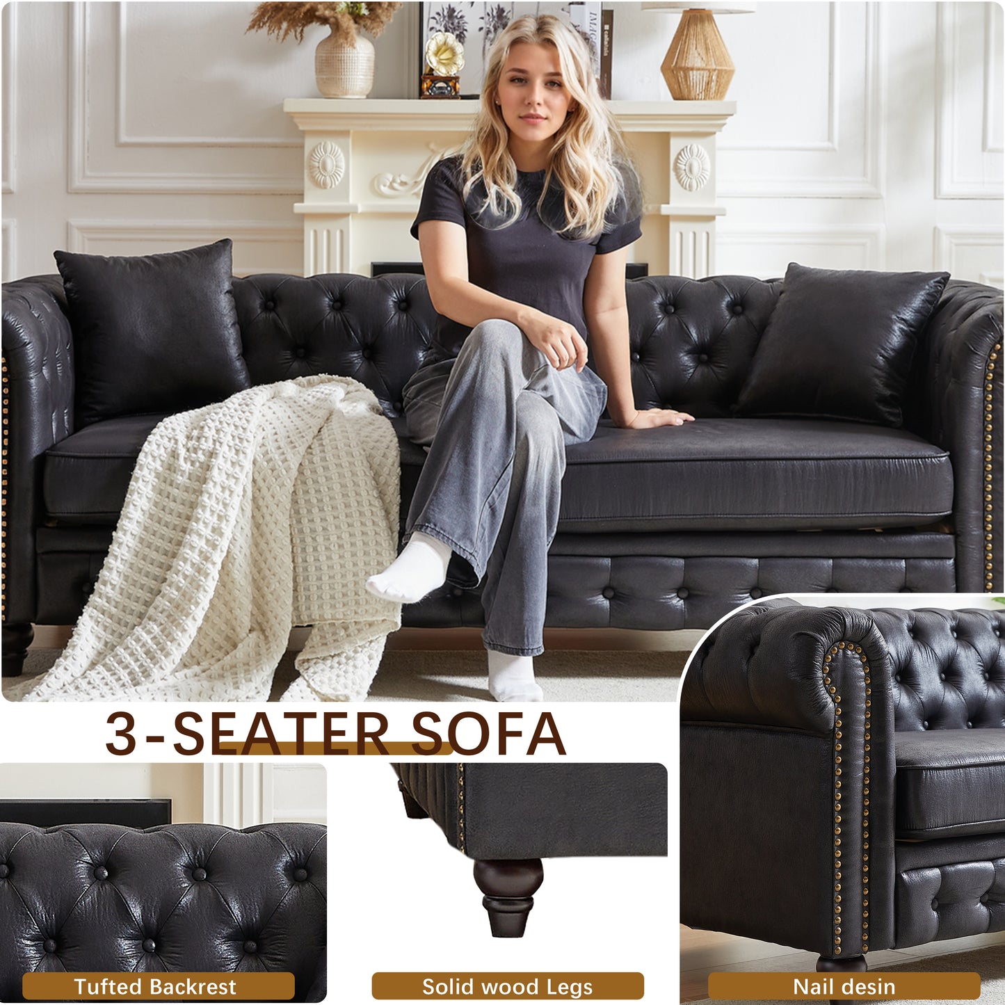 Black faux leather seater sofa with tufted backrest and nailhead trim