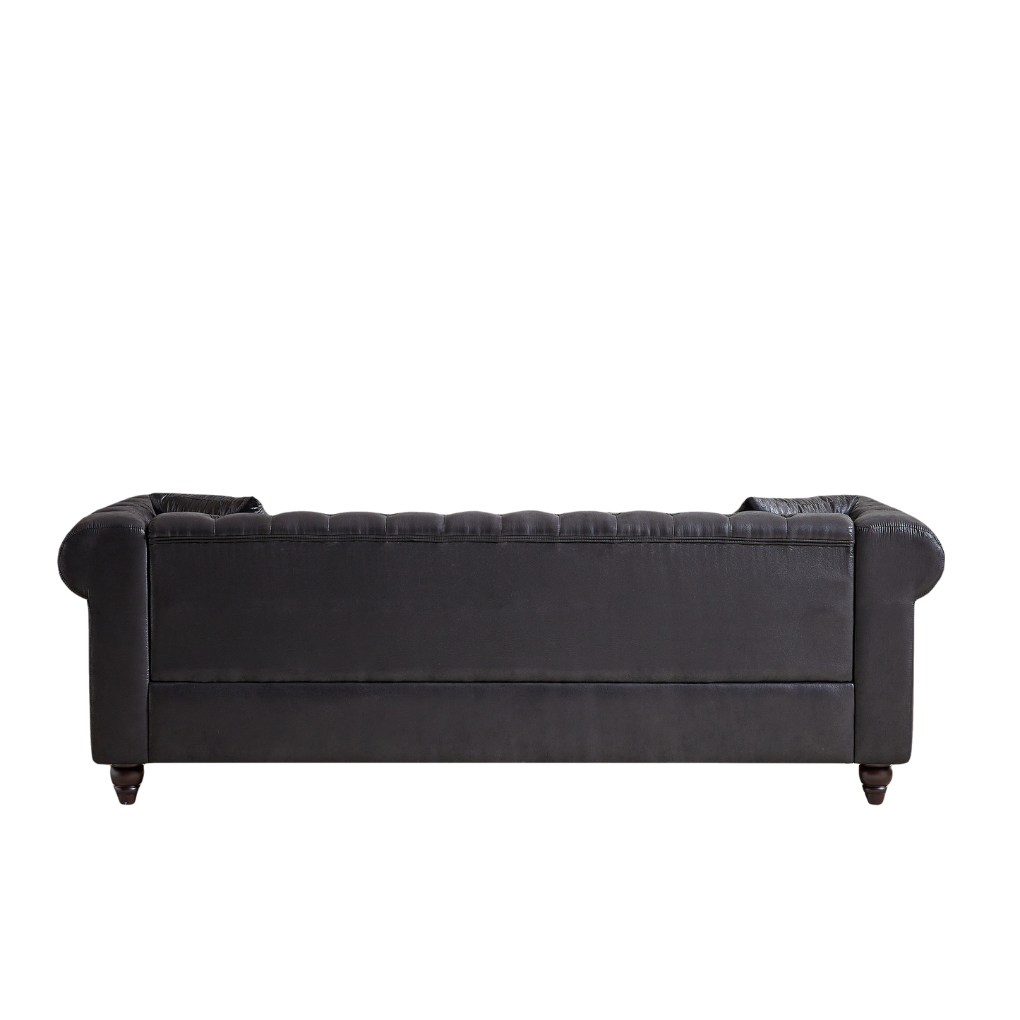 Black leather chesterfield sofa with tufted back and rolled arms featuring dark wood legs