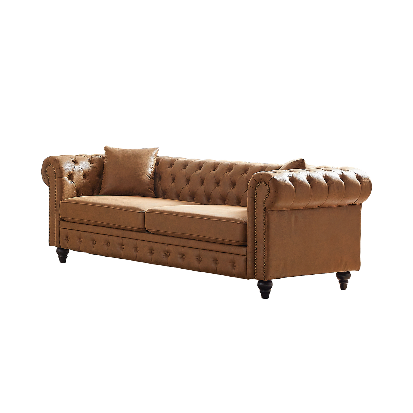 Tan leather chesterfield sofa with deep button tufting and nailhead trim accents