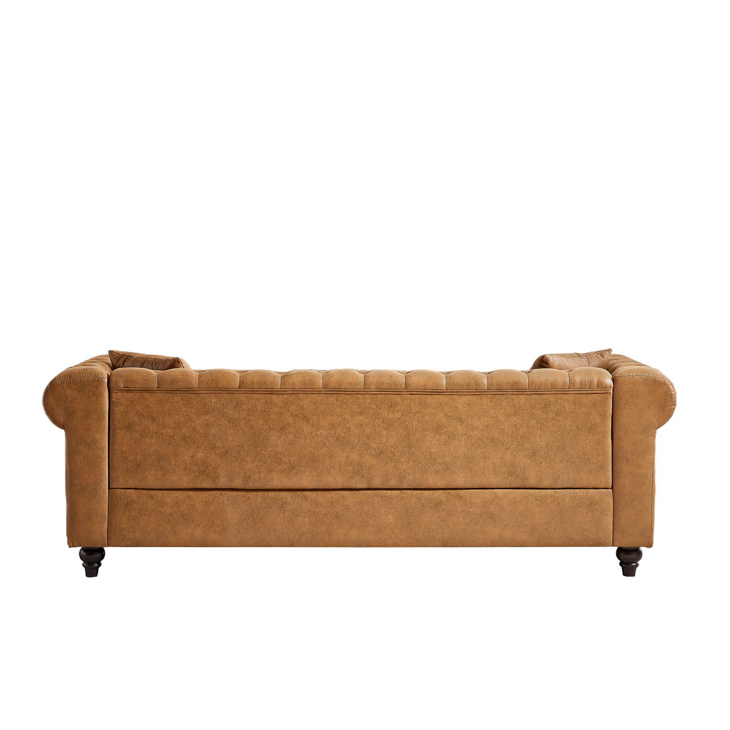 Brown leather chesterfield sofa with button tufting on the backrest