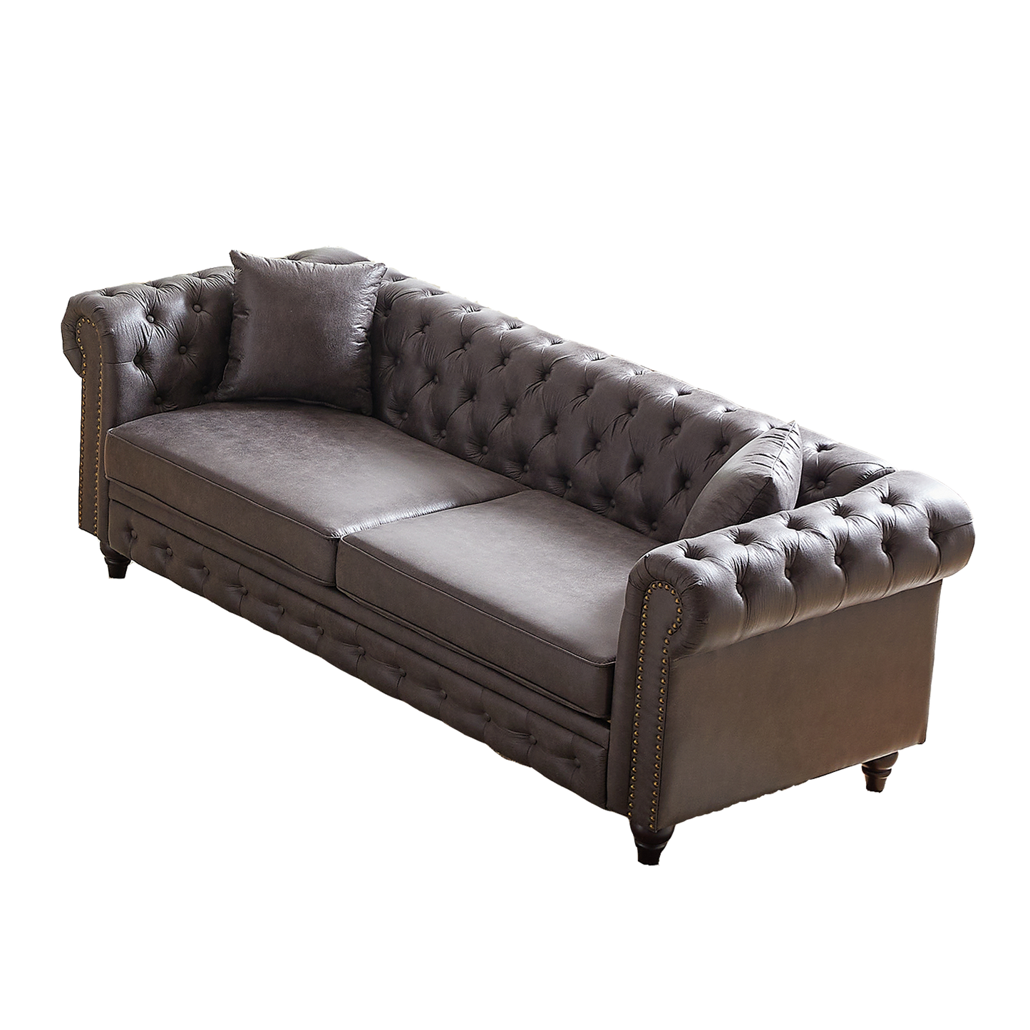 Dark brown leather chesterfield sofa with tufted cushions and brass nailhead trim