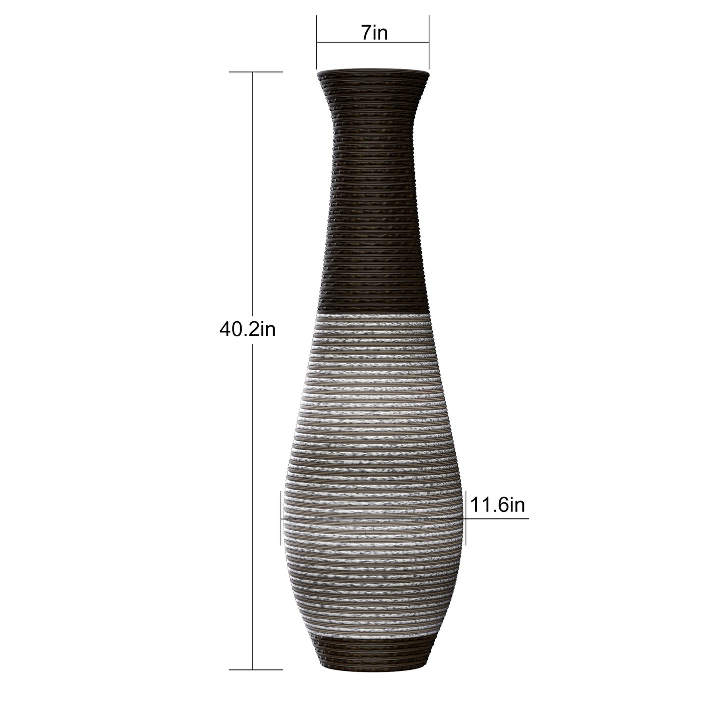 Tall ceramic vase with textured dark brown and grey striped design