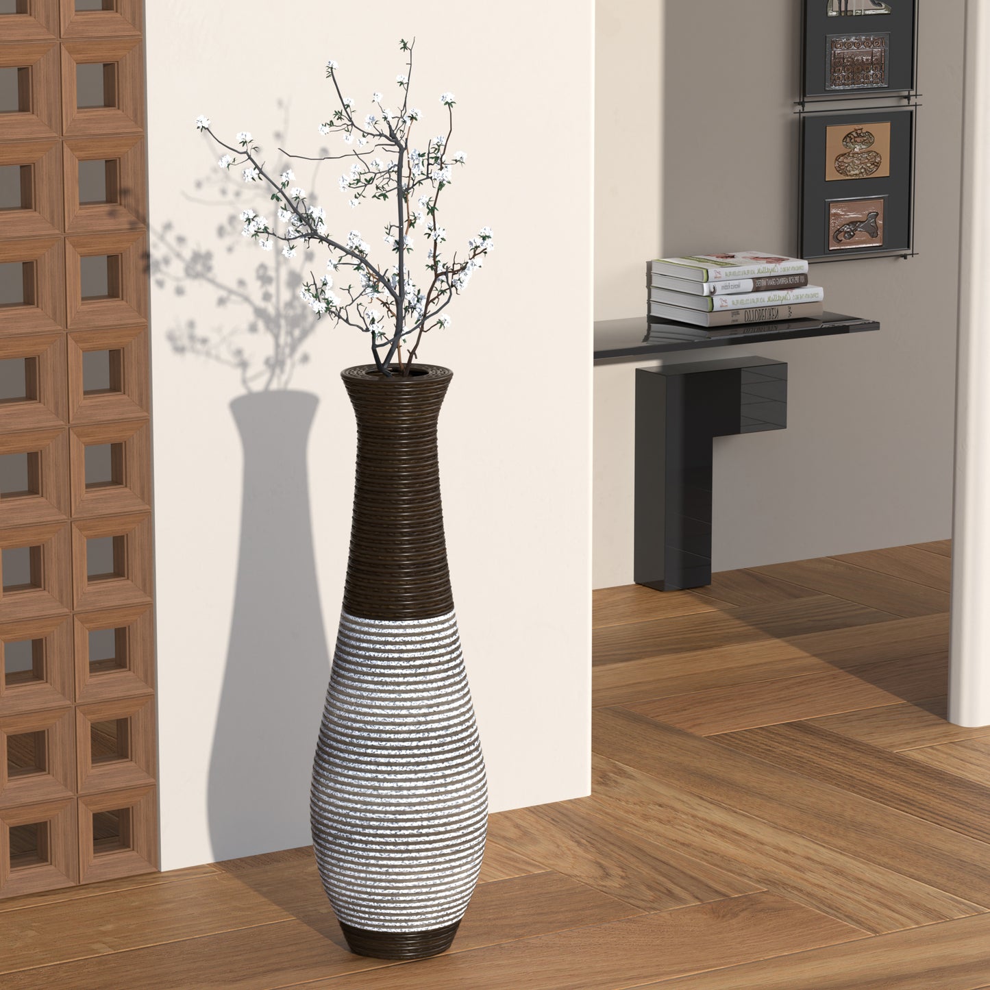 Tall brown and white striped ceramic vase with faux cherry blossoms