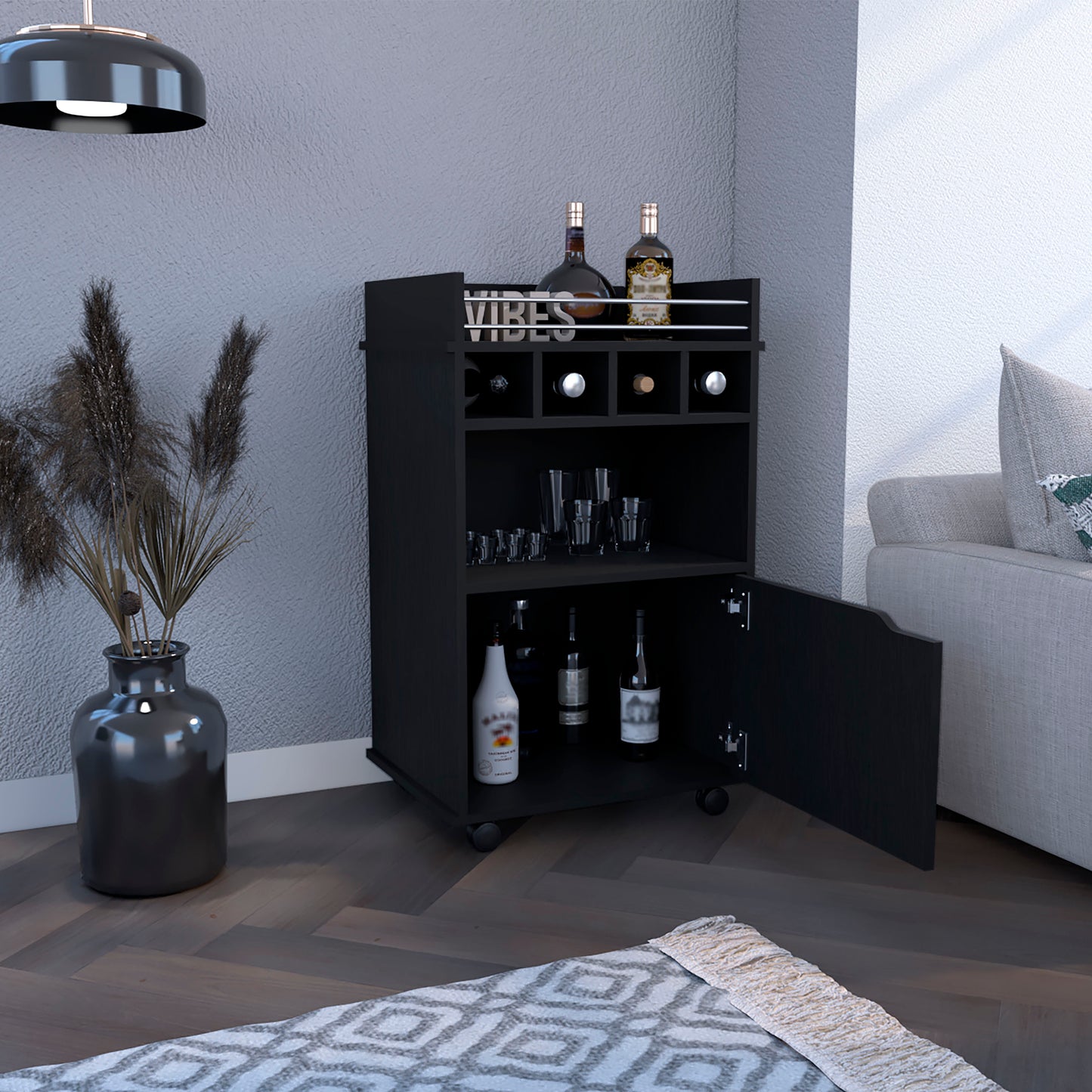 Black portable bar cart with wine rack and cabinet displaying liquor bottles and glassware