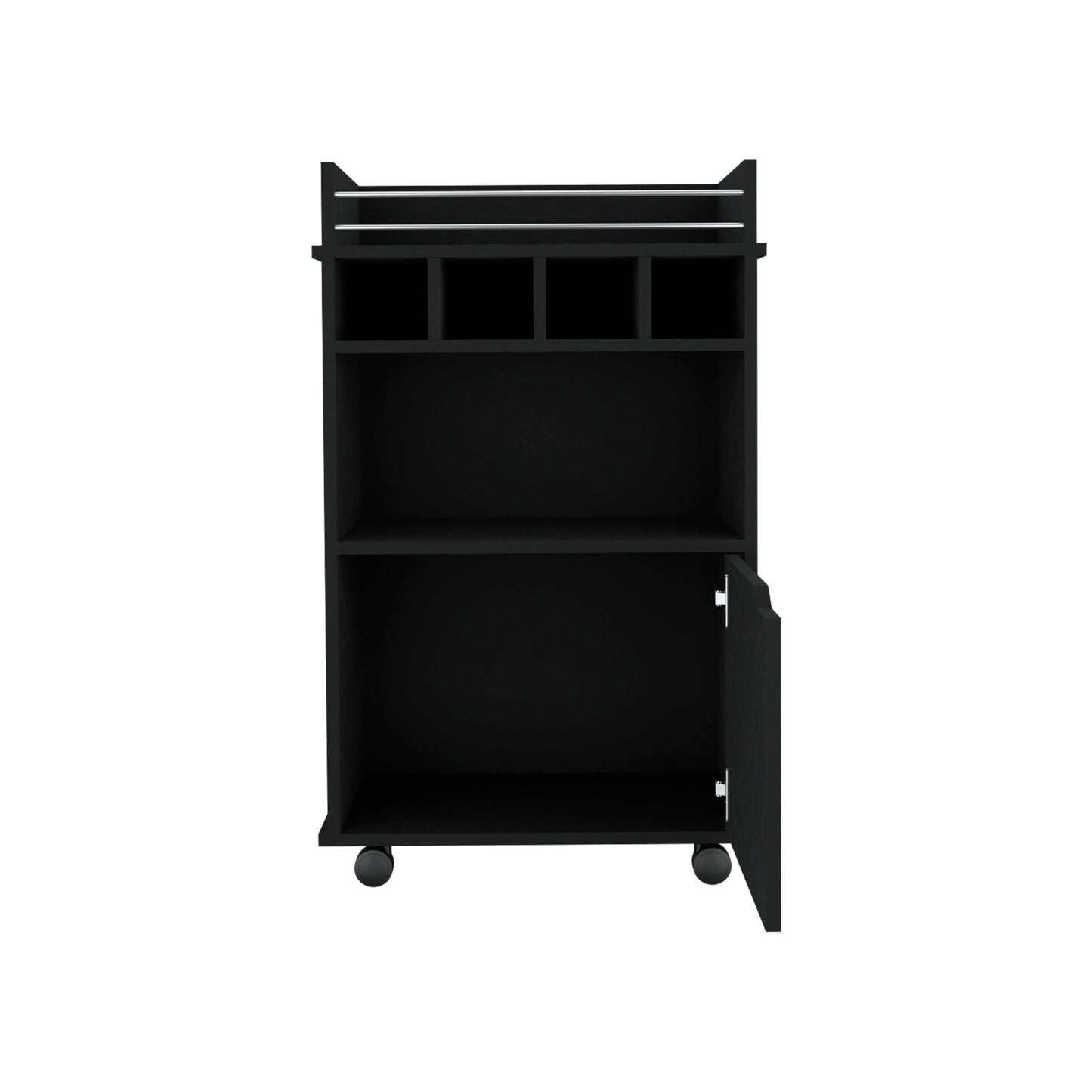Black metal bar cart with open shelves and a closed cabinet compartment