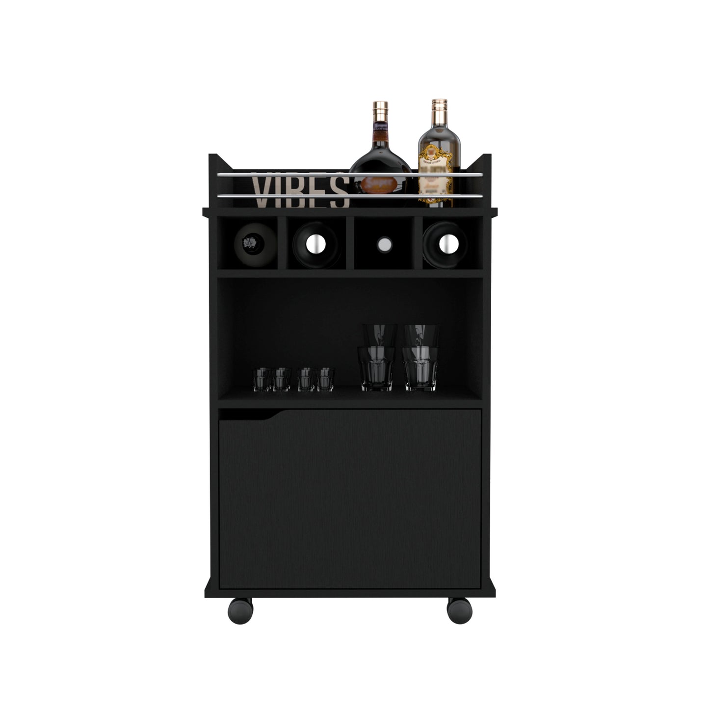 Modern black bar cart with wine rack glasses and liquor bottles for home entertaining