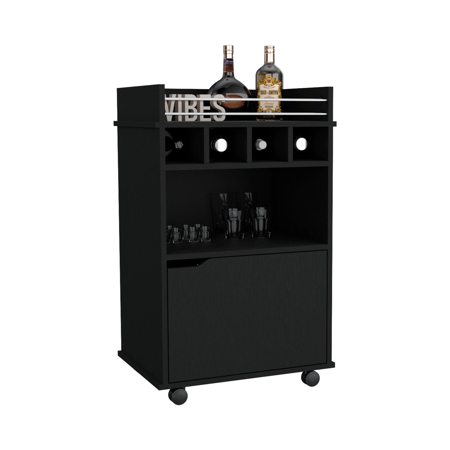 Sleek black bar cart with wine rack glasses and two liquor bottles Features a hidden cabinet and wheels