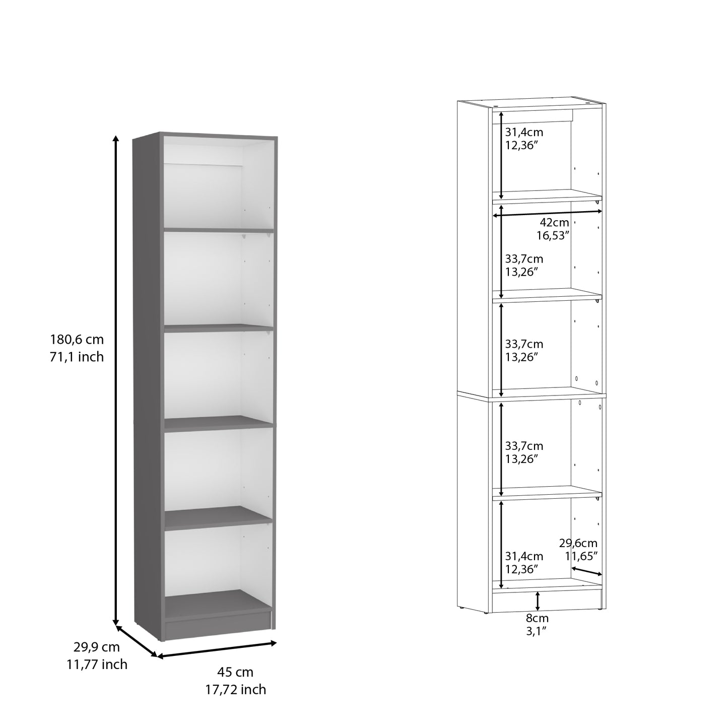 Gray tall shelving unit with five shelves and dimensions labeled