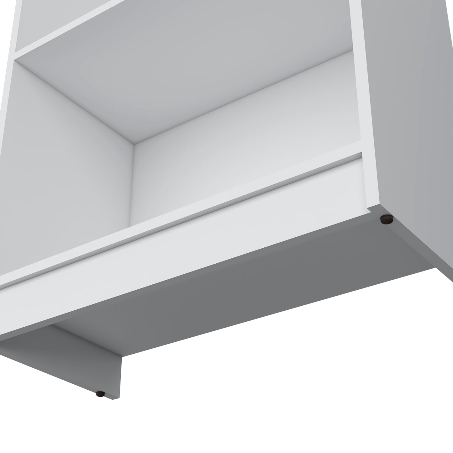 White minimalist modular bookshelf closeup on shelf edge with hidden fasteners