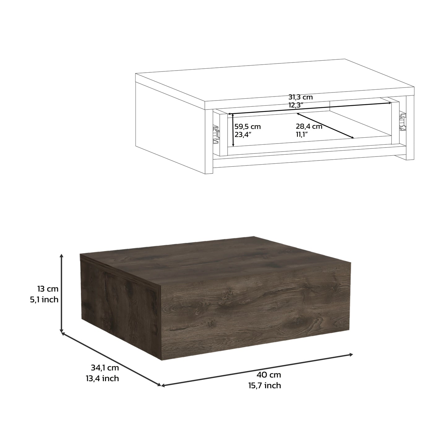 Dark wood effect coffee table with a drawer dimensions xx cm