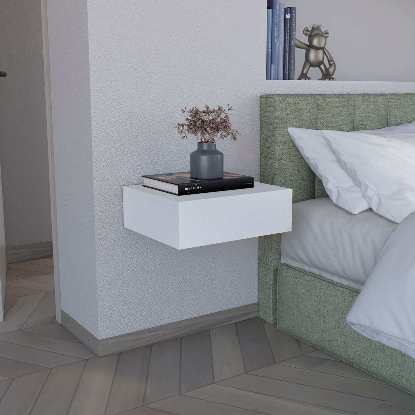 Minimalist white floating shelf with books and vase perfect for modern bedside tables