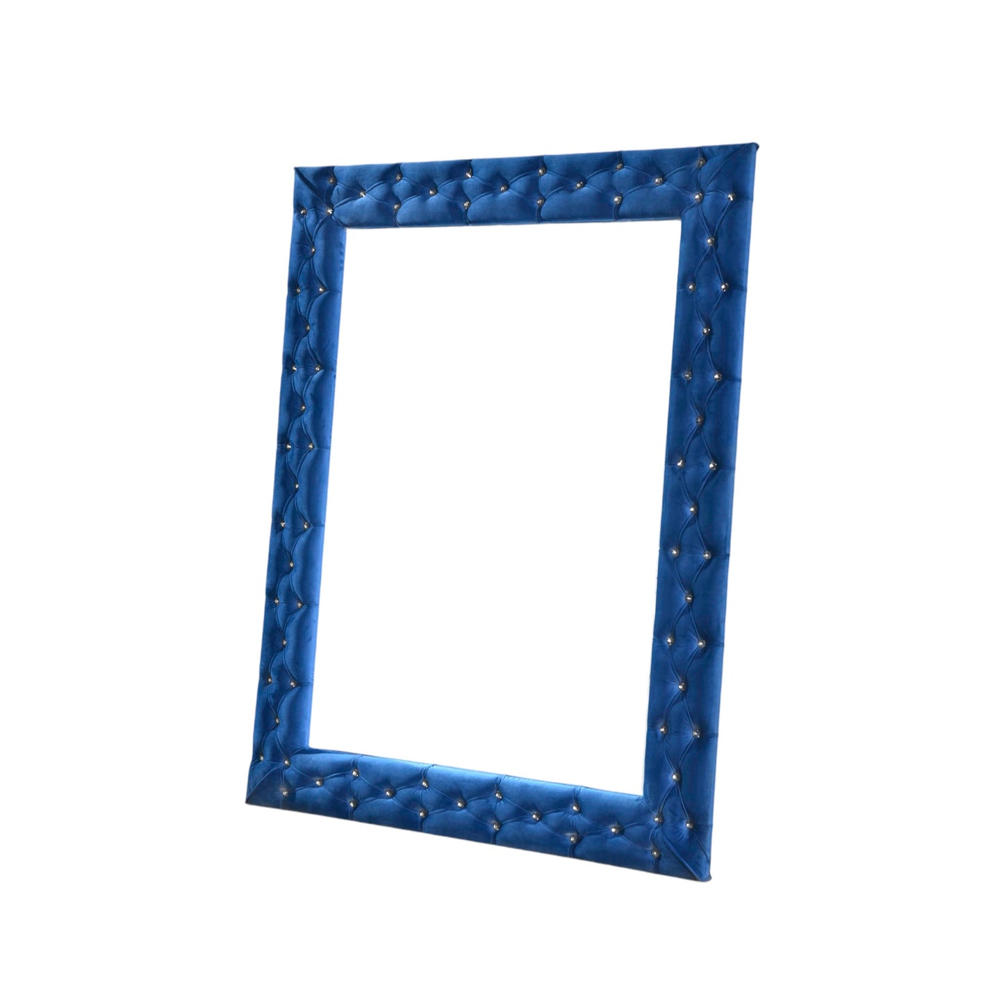 Blue velvet tufted picture frame with crystal embellishments for elegant home decor