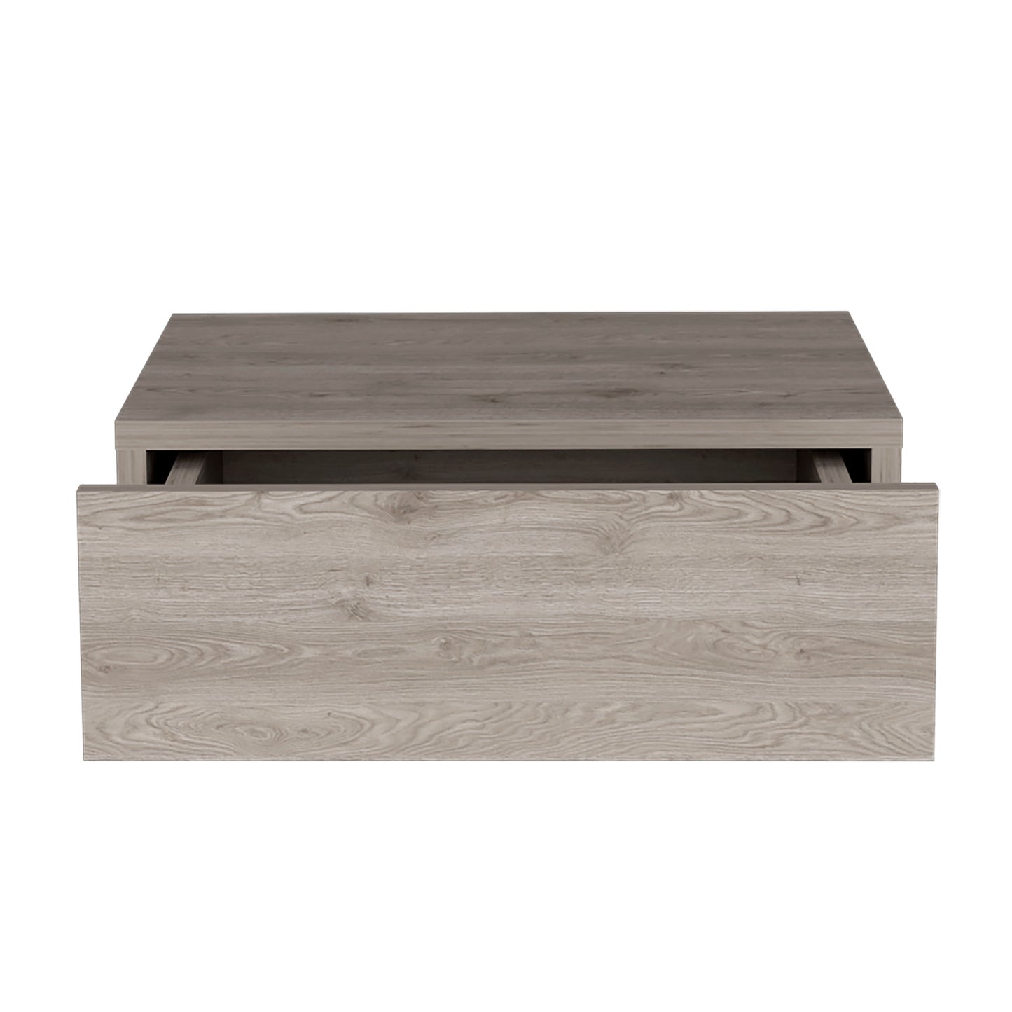 Modern gray wood filing cabinet with one open drawer and a sleek design