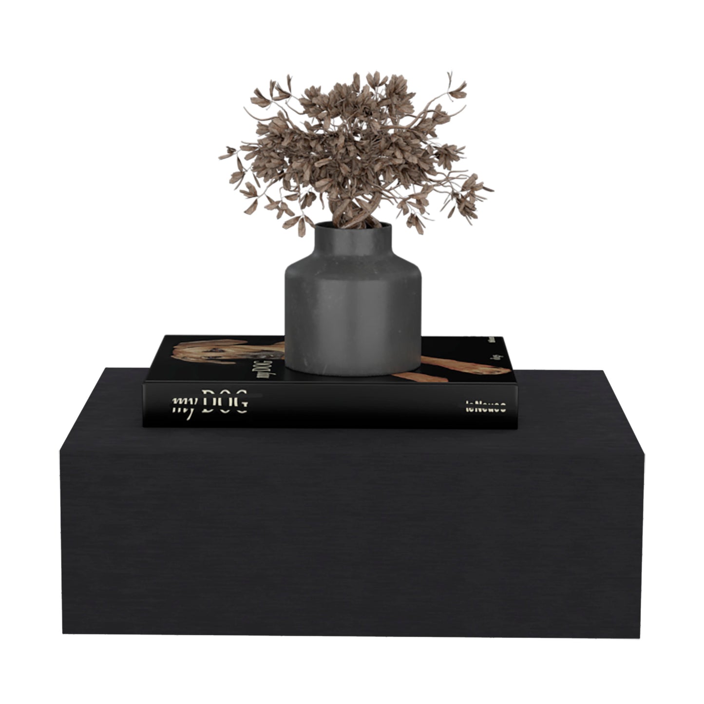 Gray ceramic vase with dried floral arrangement on a black shelf