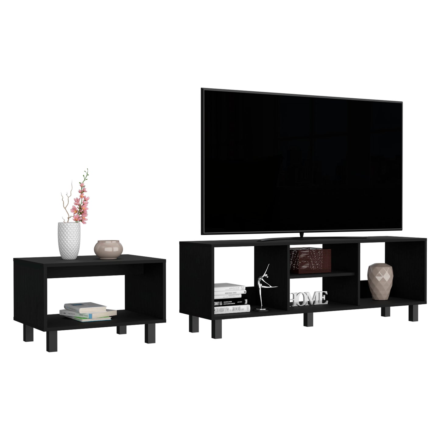 Modern black TV stand with open shelving a sleek design for media rooms