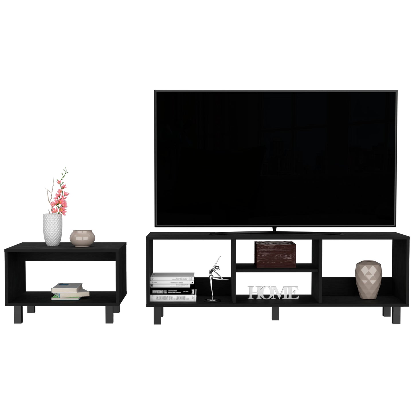 Black modern entertainment center with TV and side table