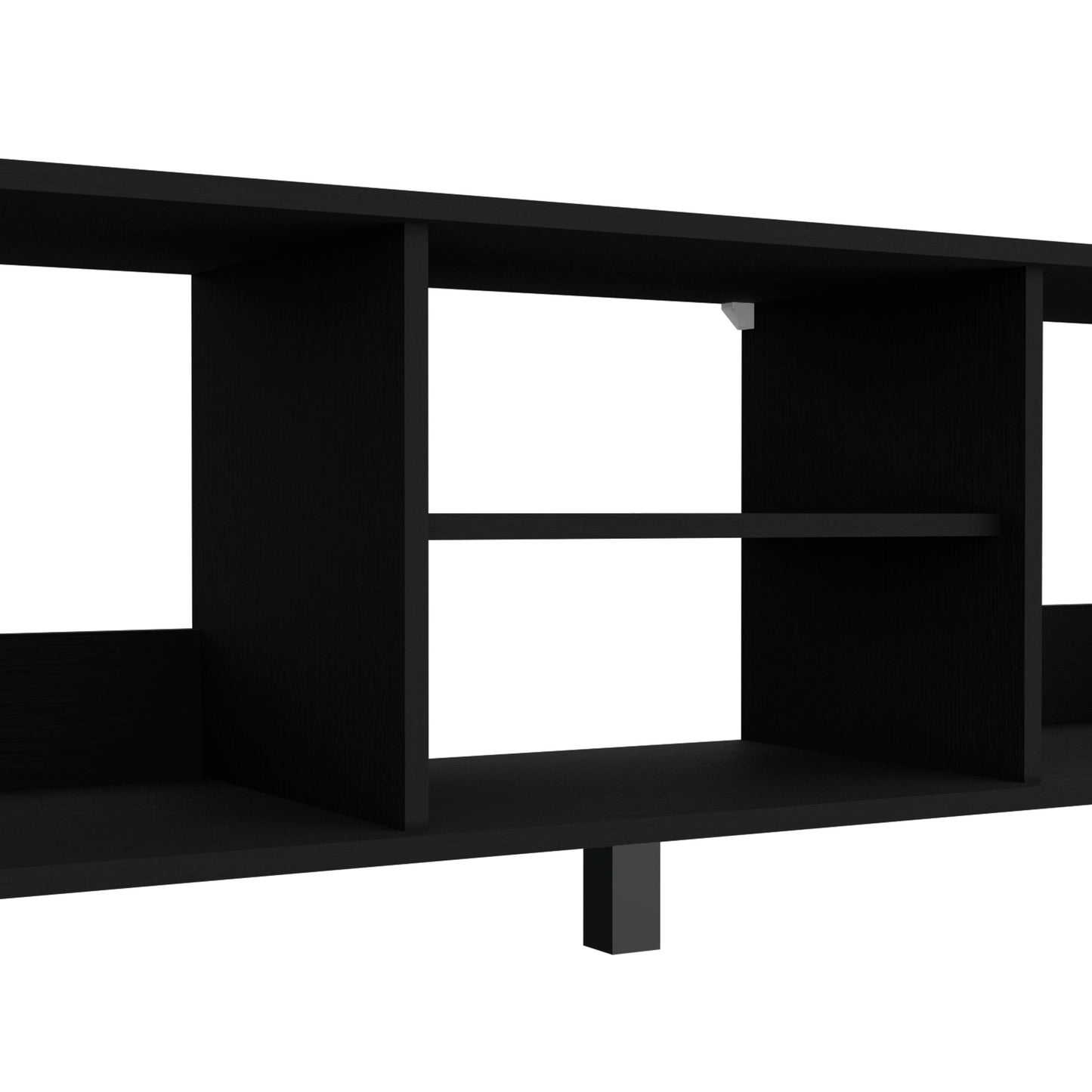 Modern black media console with open shelving and a minimalist design
