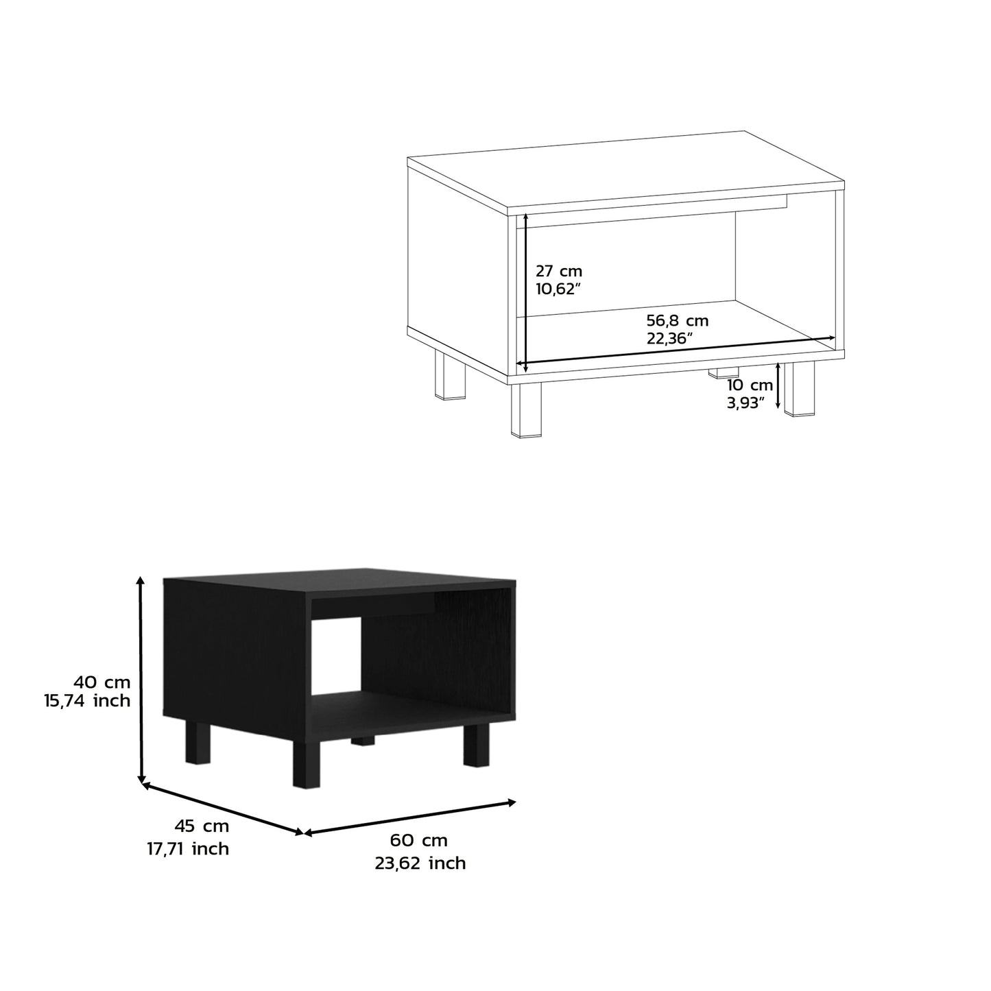 Black modern side table with open shelf and dimensions