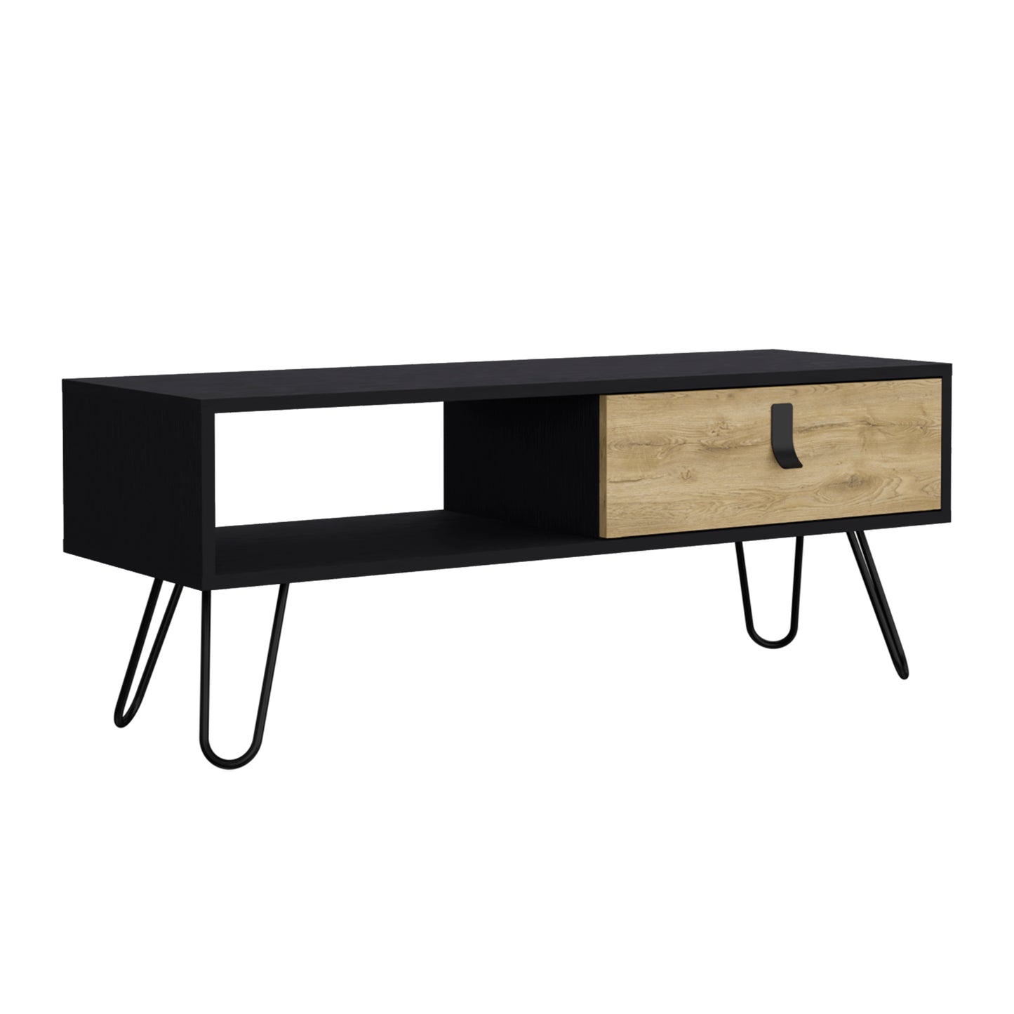 Black media console with wood drawer and hairpin legs
