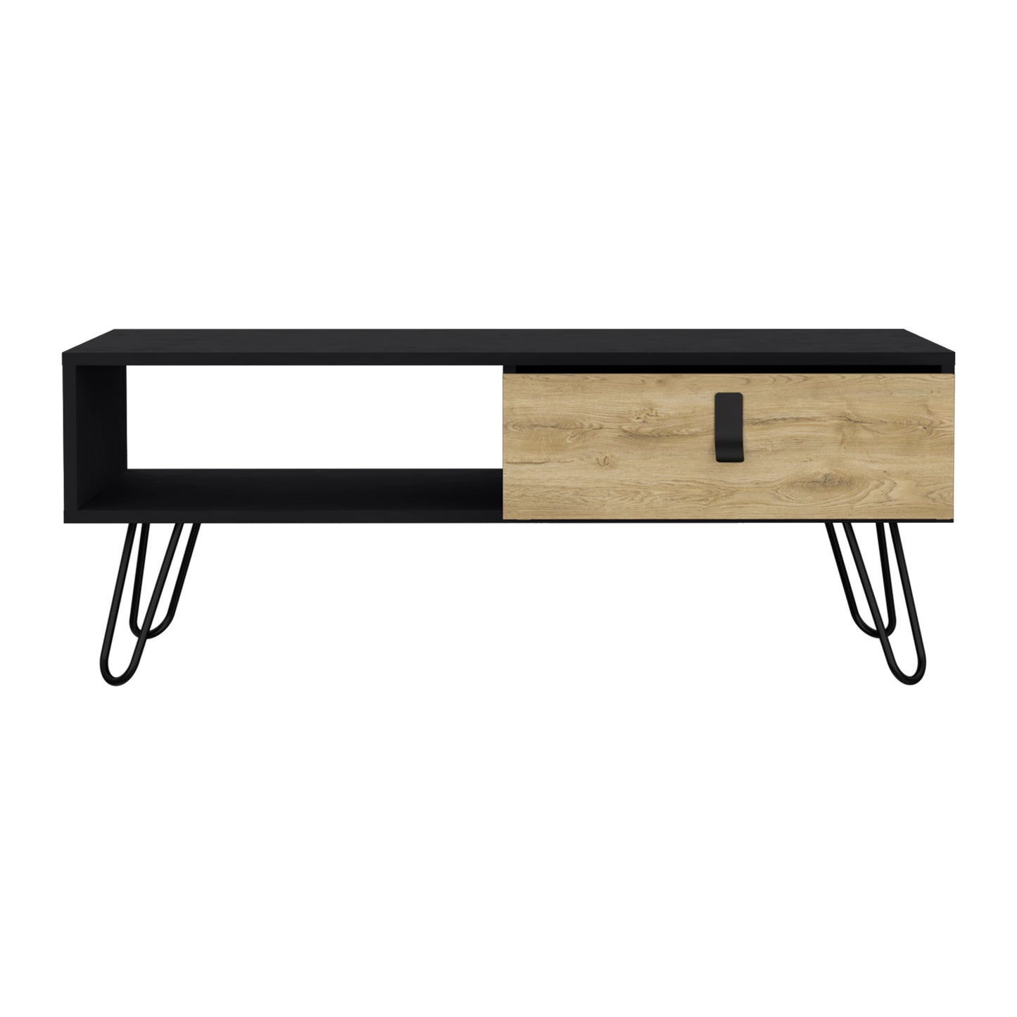 Black and wood modern media console with open shelf and single drawer on hairpin legs