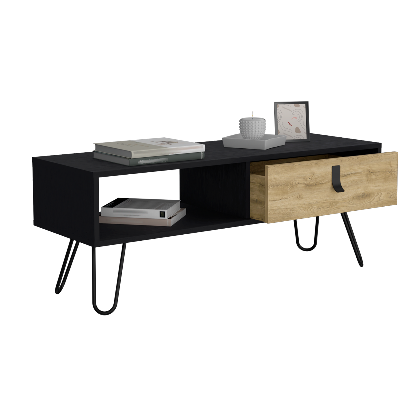 Modern black coffee table with open shelf and wood drawer on hairpin legs