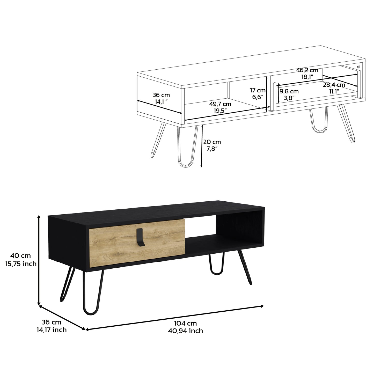 Black and wood effect TV stand with single drawer and open shelf hairpin legs